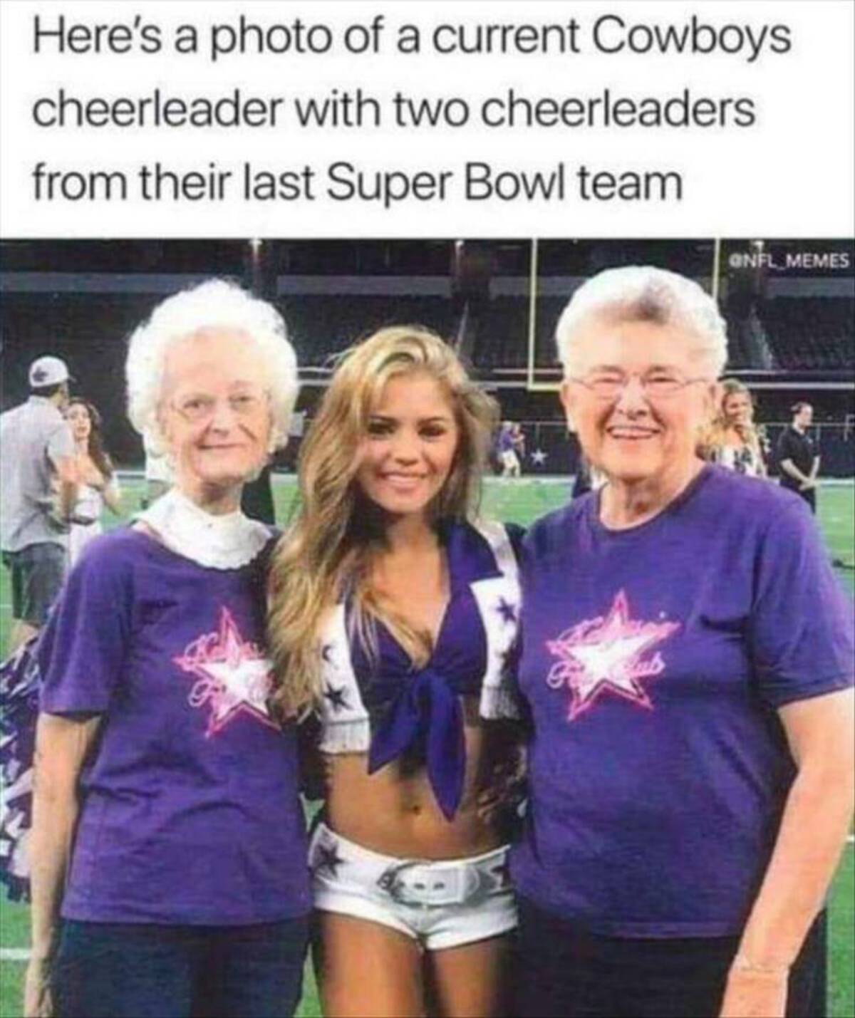 blond - Here's a photo of a current Cowboys cheerleader with two cheerleaders from their last Super Bowl team Gnfl Memes