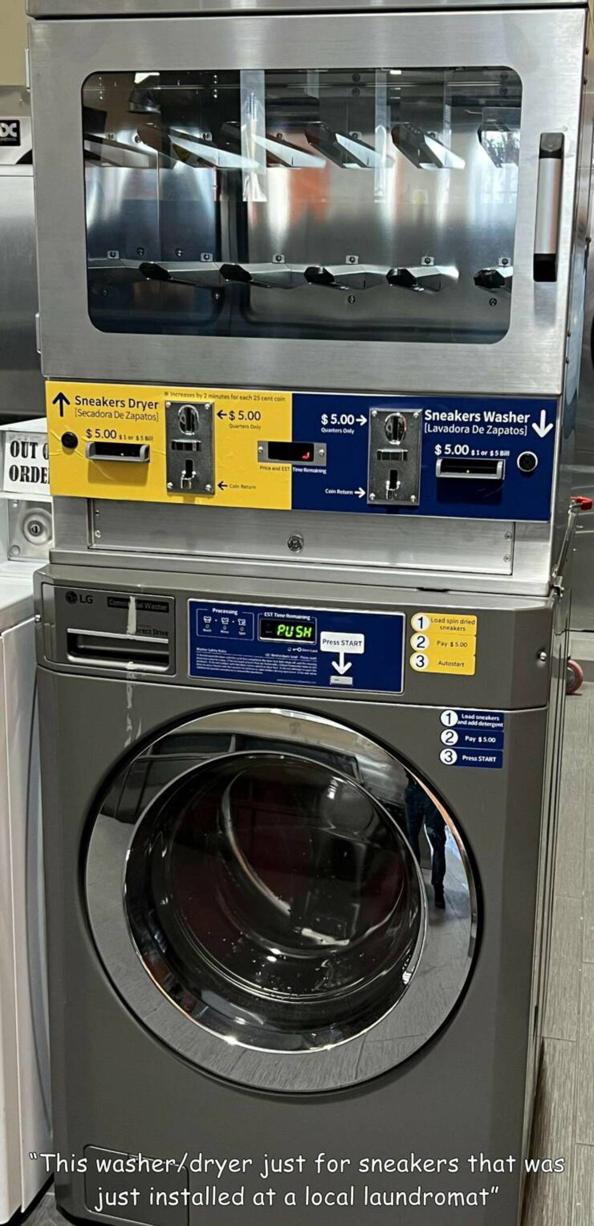 washing machine - 18 Out O Orde Sneakers Dryer Secadora De Zapatos $5.00 $1 or $5 Lg Commal Washer Jrect Drive O O Increases by 2 minutes for each 25 cent coin $5.00 Quartars Only Processing Prsand Ext Time Remaining Est Time Remaining Push O $5.00 Quarte