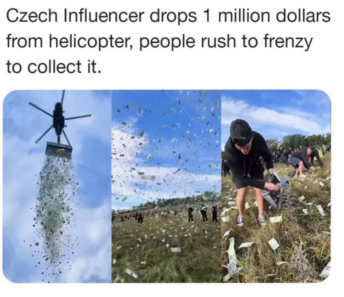 kazma money rain - Czech Influencer drops 1 million dollars from helicopter, people rush to frenzy to collect it.