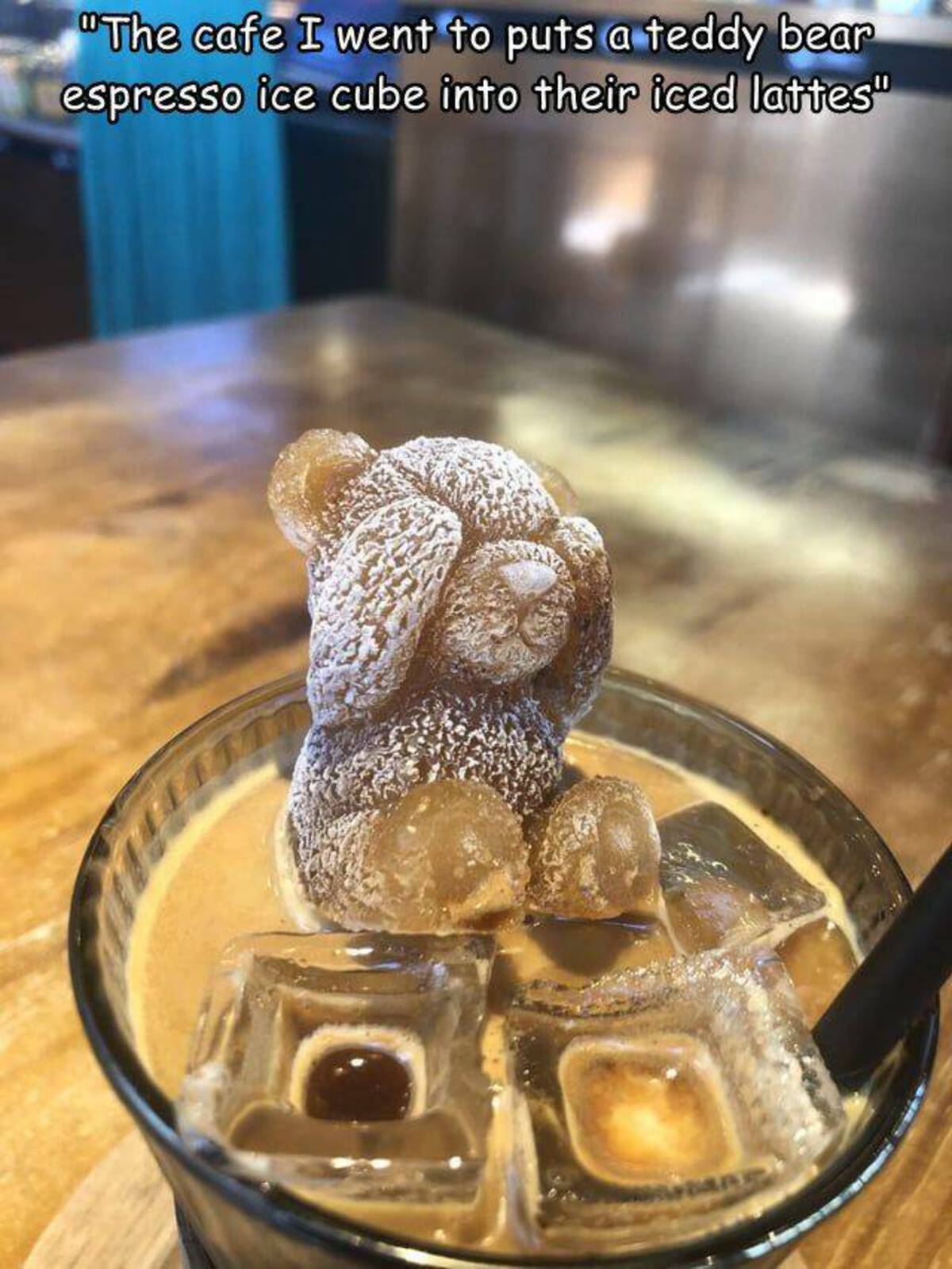dish - "The cafe I went to puts a teddy bear espresso ice cube into their iced lattes"