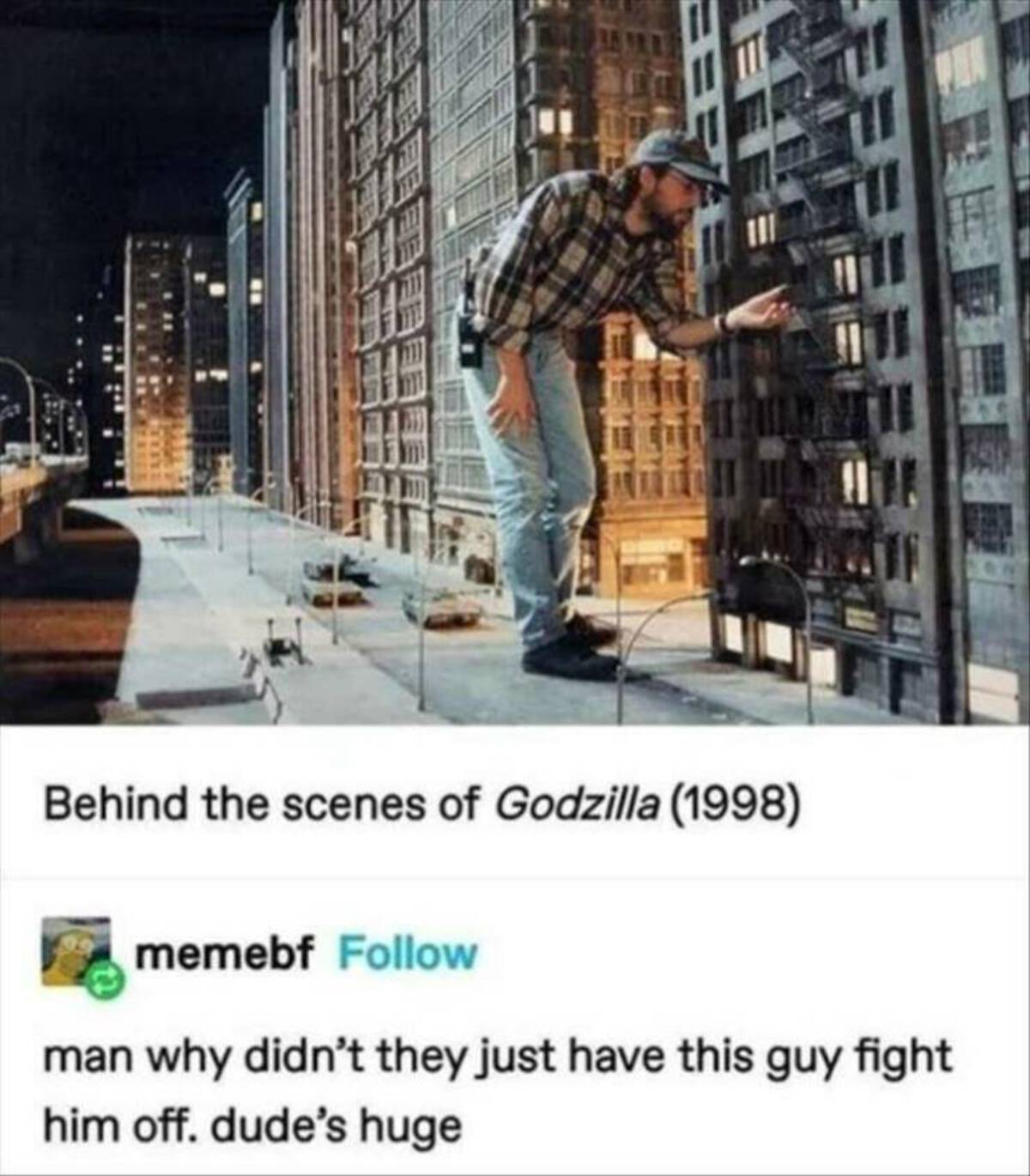 roland emmerich godzilla 1998 - Behind the scenes of Godzilla 1998 memebf man why didn't they just have this guy fight him off. dude's huge