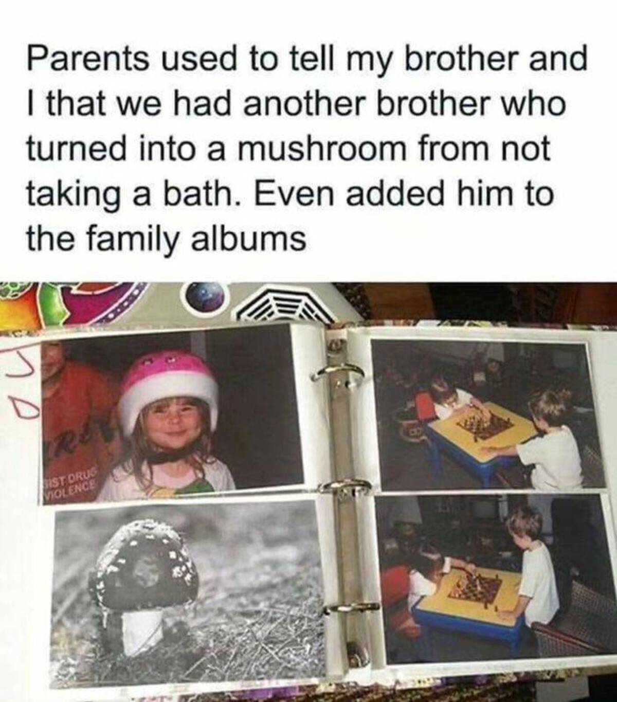 my parents told me i had one more brother who turned into a mushroom cause he did not want to take a shower they even put him into the family album - Parents used to tell my brother and I that we had another brother who turned into a mushroom from not tak