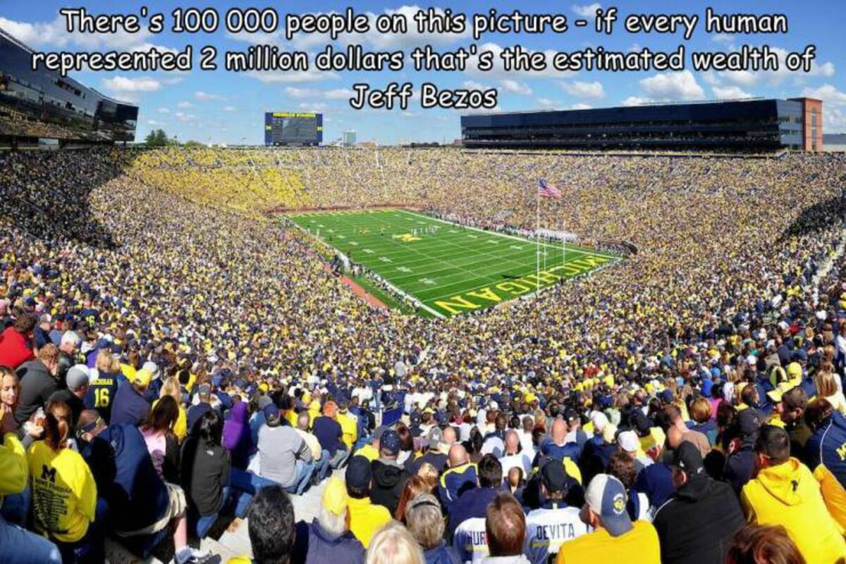 michigan stadium - There's 100 000 people on this picture if every human represented 2 million dollars that's the estimated wealth of Jeff Bezos Human 16 Nur Devita