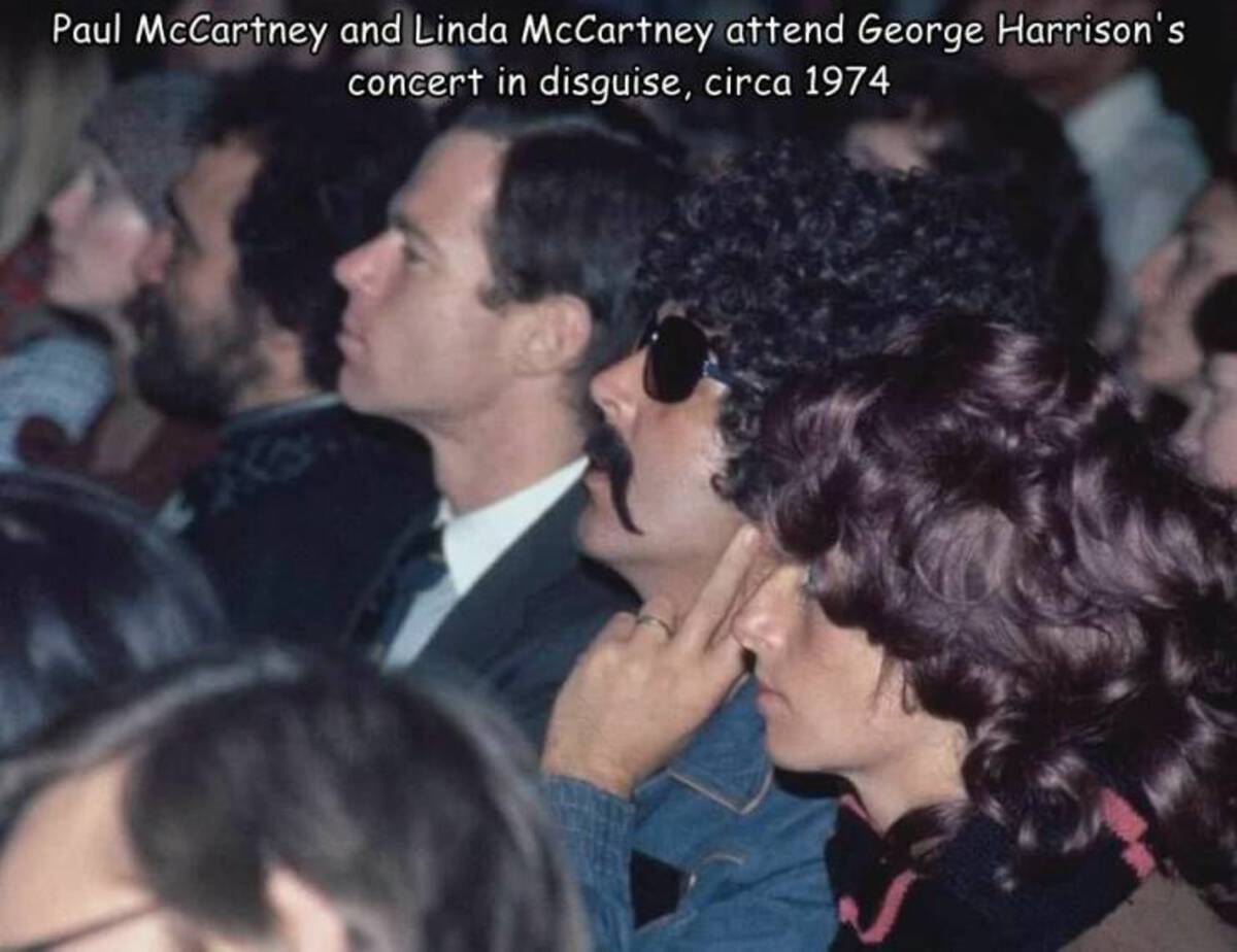 paul mccartney disguise george - Paul McCartney and Linda McCartney attend George Harrison's concert in disguise, circa 1974