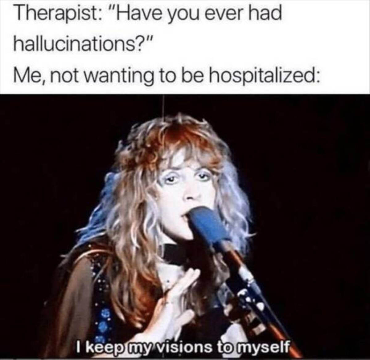 stevie nicks meme - Therapist "Have you ever had hallucinations?" Me, not wanting to be hospitalized I keep my visions to myself