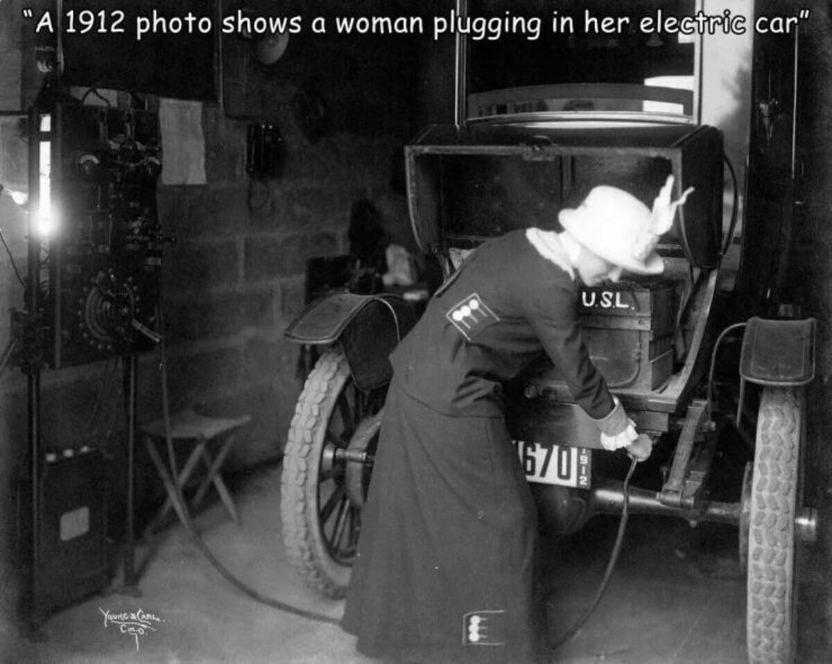 car - "A 1912 photo shows a woman plugging in her electric car" Young & Caml Ciao 670 U.S.L.
