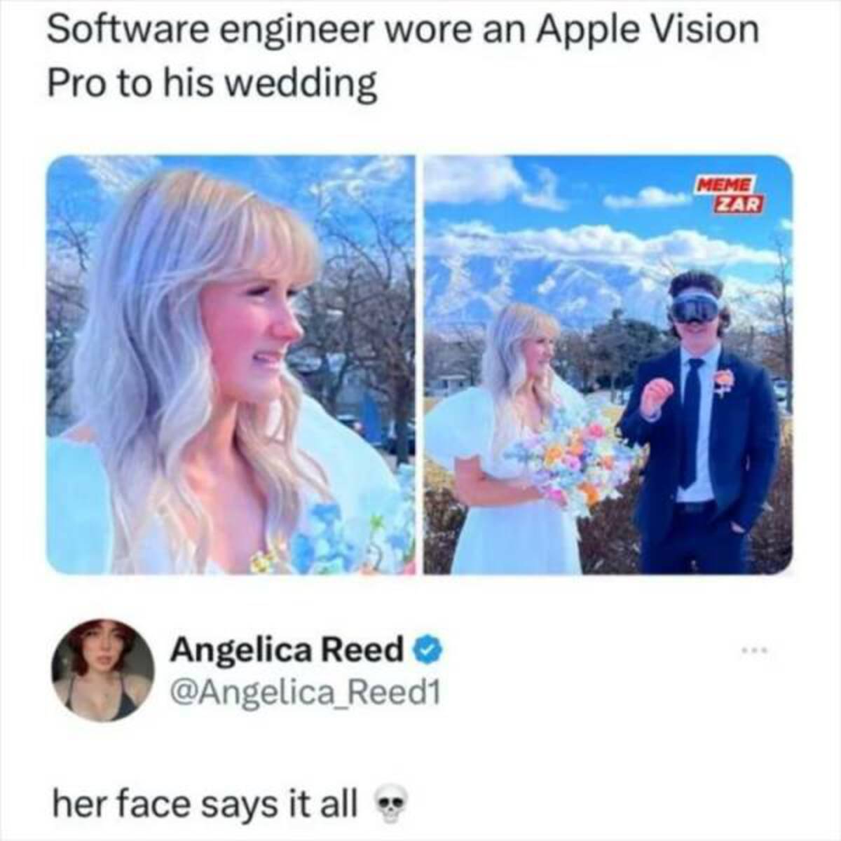 media - Software engineer wore an Apple Vision Pro to his wedding Angelica Reed her face says it all Meme Zar