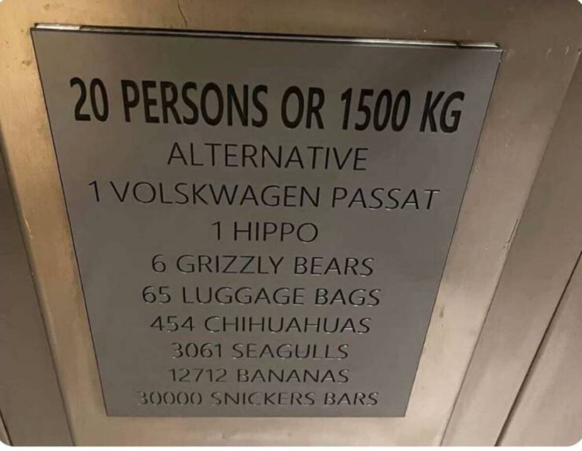 commemorative plaque - 20 Persons Or 1500 Kg Alternative 1 Volskwagen Passat 1 Hippo 6 Grizzly Bears 65 Luggage Bags 454 Chihuahuas 3061 Seagulls 12712 Bananas 30000 Snickers Bars