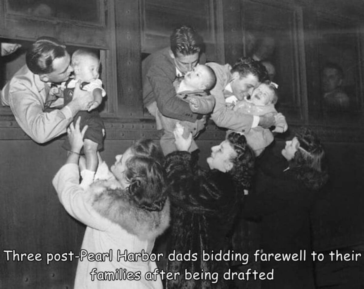 families saying goodbye ww2 - Three postPearl Harbor dads bidding farewell to their families after being drafted
