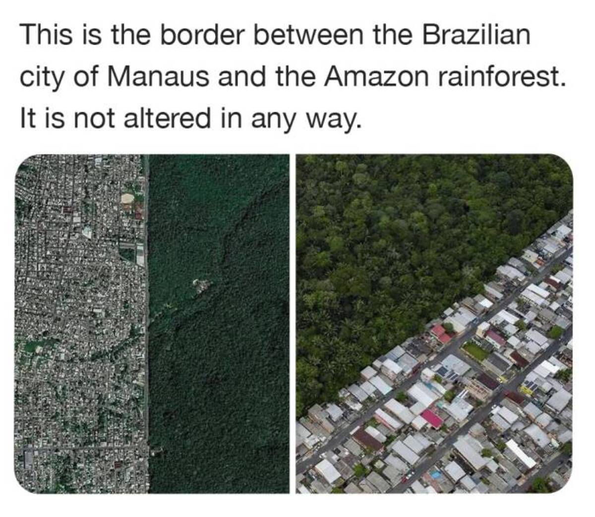 This is the border between the Brazilian city of Manaus and the Amazon rainforest. It is not altered in any way.