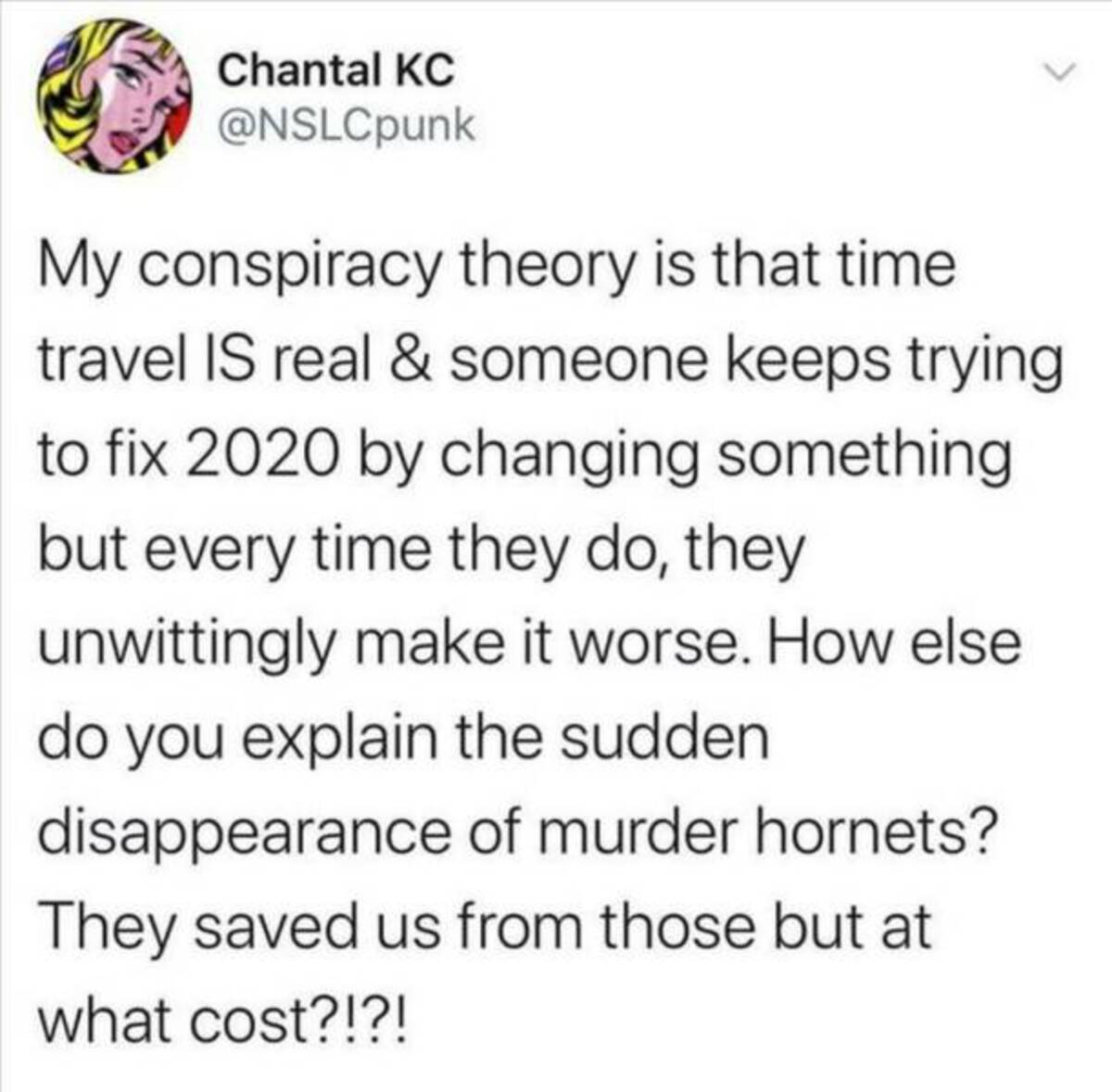 screenshot - Chantal Kc My conspiracy theory is that time travel Is real & someone keeps trying to fix 2020 by changing something but every time they do, they unwittingly make it worse. How else. do you explain the sudden disappearance of murder hornets? 