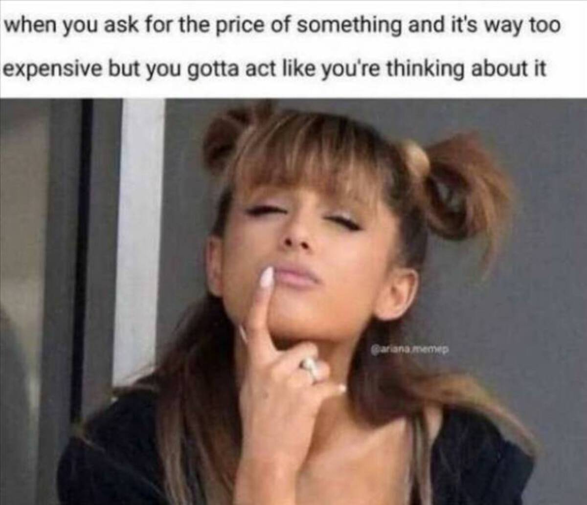 broke meme - when you ask for the price of something and it's way too expensive but you gotta act you're thinking about it memep