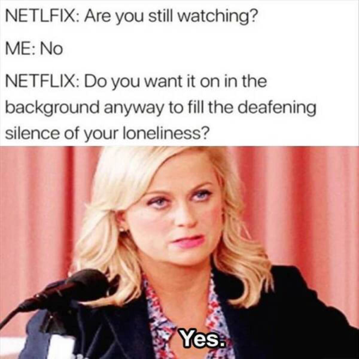 blond - Netlfix Are you still watching? Me No Netflix Do you want it on in the background anyway to fill the deafening silence of your loneliness? Yes.