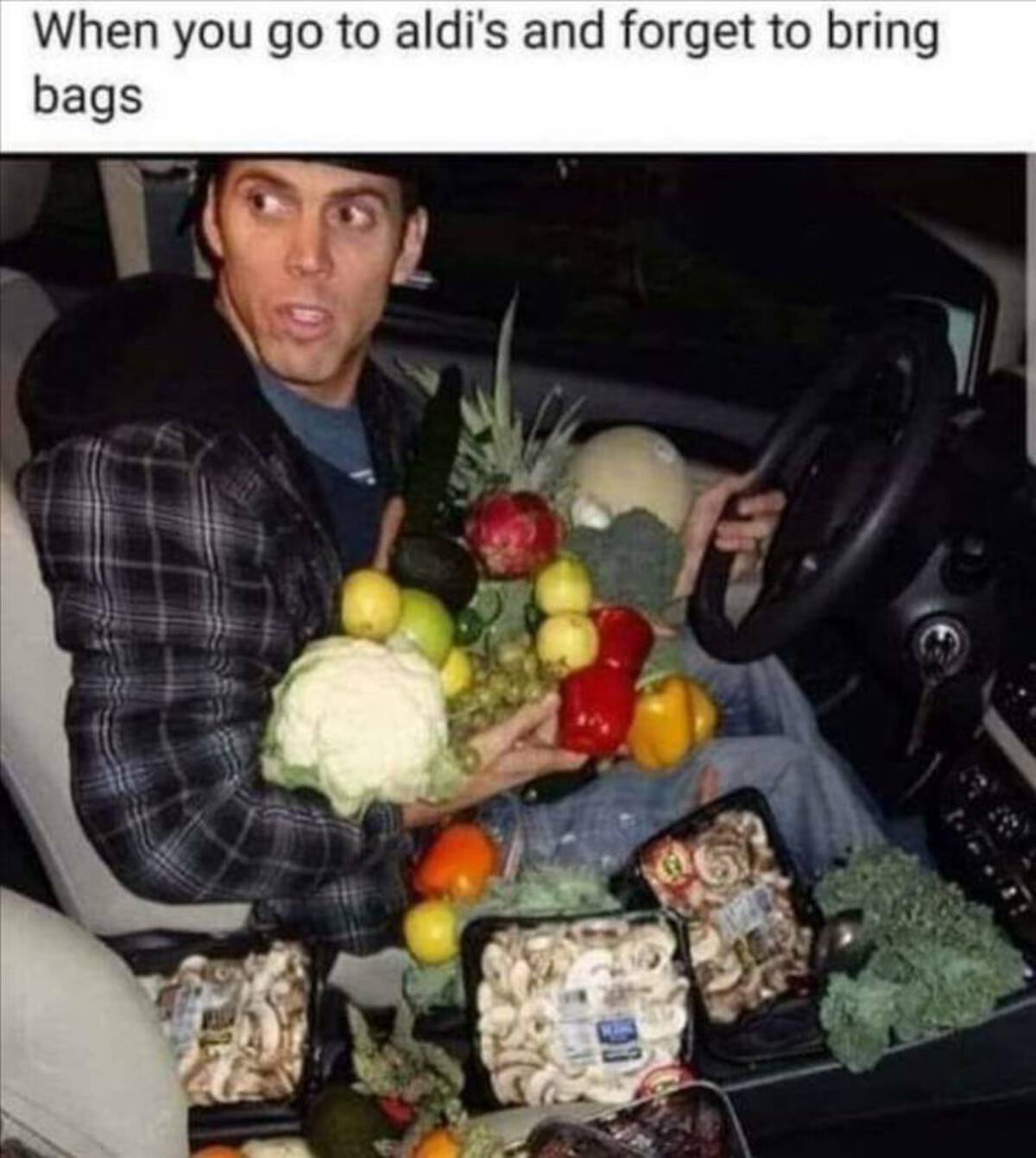aldis meme - When you go to aldi's and forget to bring bags