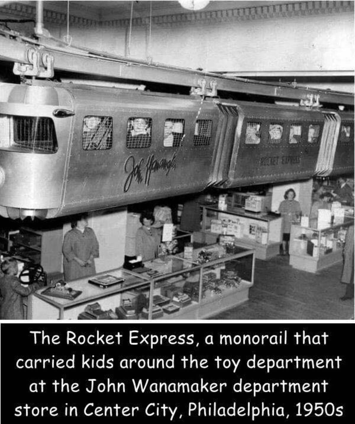 wanamaker philadelphia 70s - Rocket Express The Rocket Express, a monorail that carried kids around the toy department at the John Wanamaker department store in Center City, Philadelphia, 1950s