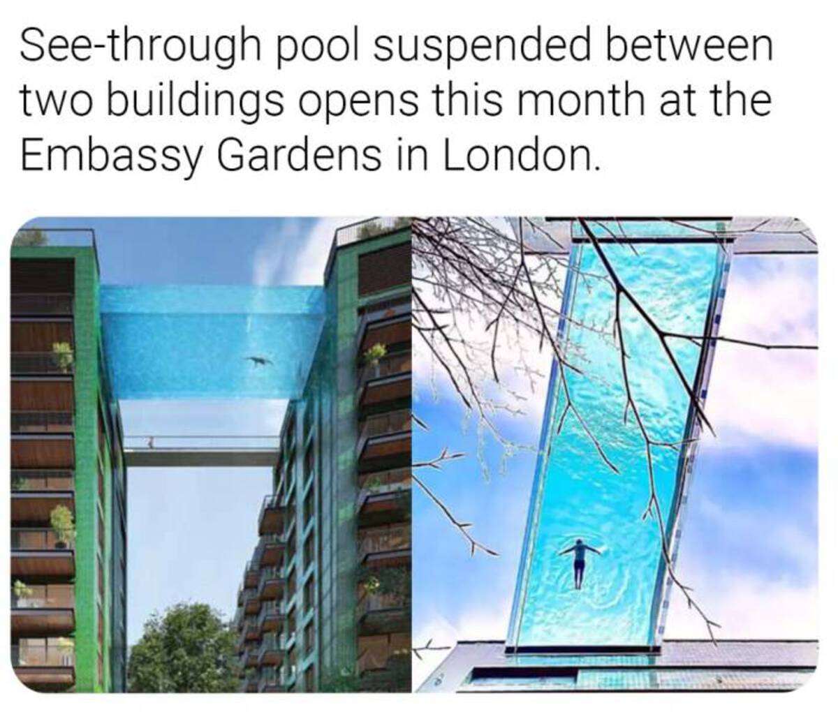 floating pool vauxhall - Seethrough pool suspended between two buildings opens this month at the Embassy Gardens in London.