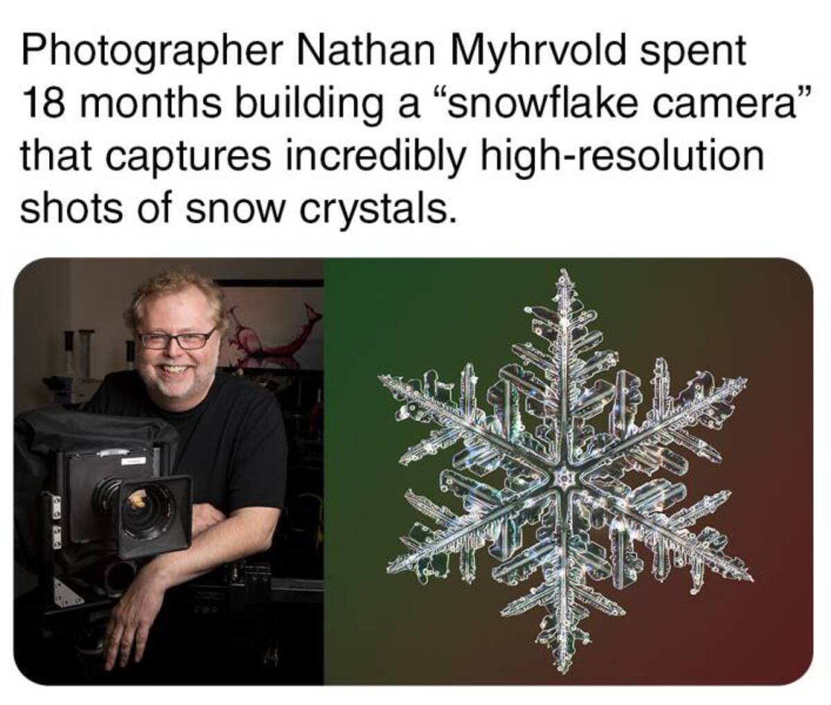 real snowflakes - Photographer Nathan Myhrvold spent 18 months building a "snowflake camera" that captures incredibly highresolution shots of snow crystals.
