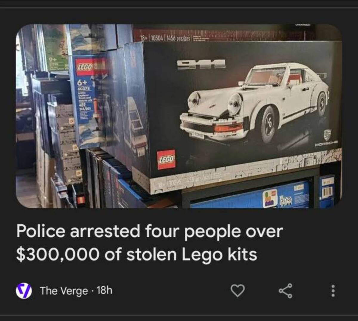 LEGO - 4 Lego 6 60378 489 pespes 18103041456 pcsps Lego 1890295 3258 Porsche Police arrested four people over $300,000 of stolen Lego kits The Verge 18h