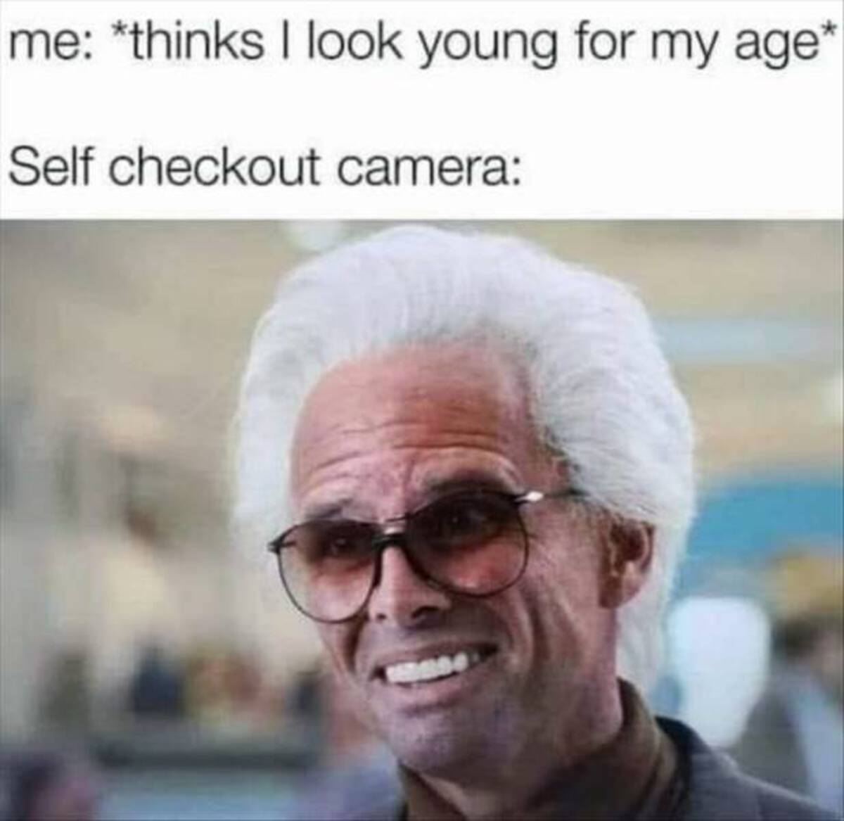 photo caption - me thinks I look young for my age Self checkout camera