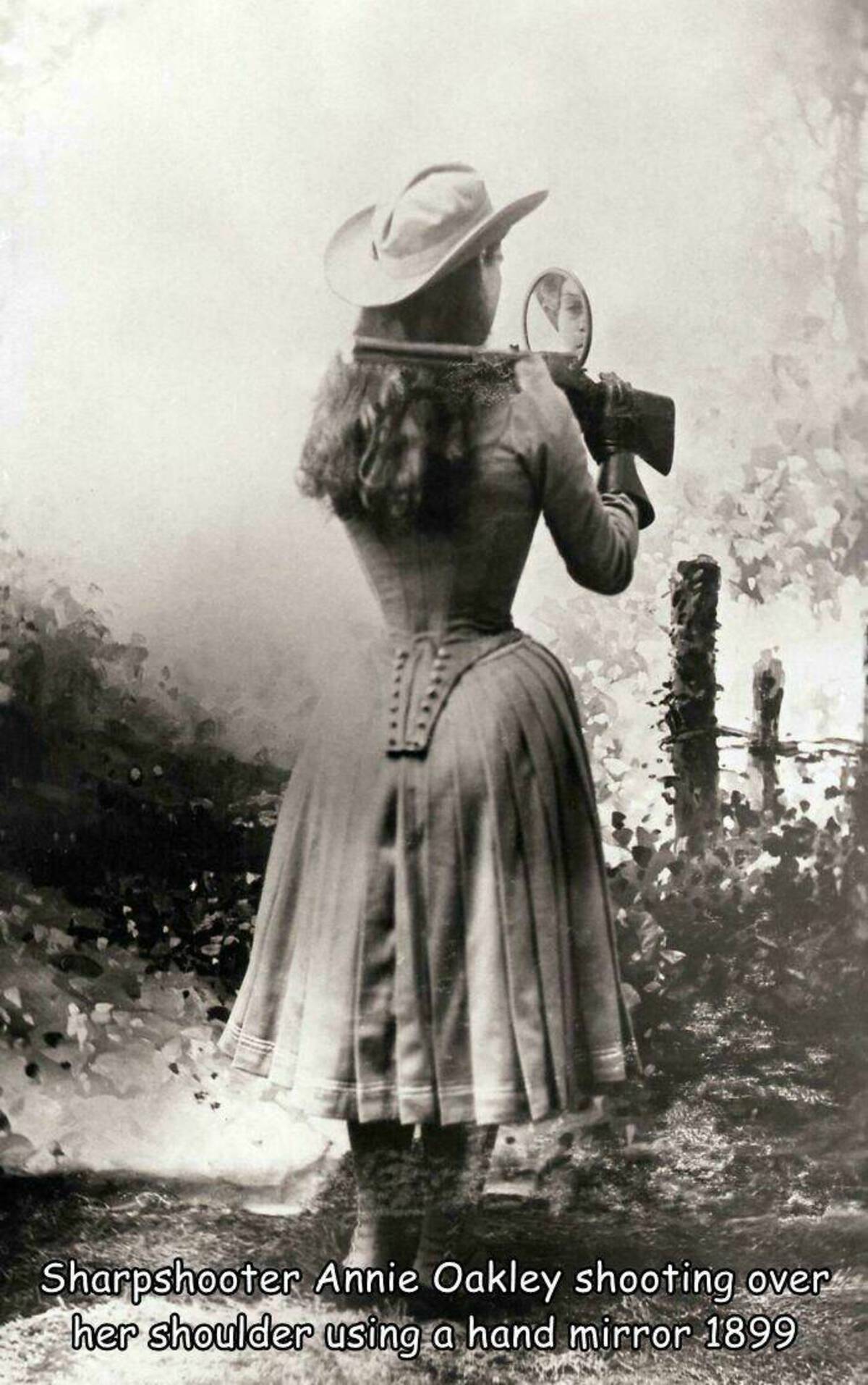 annie oakley - Sharpshooter Annie Oakley shooting over her shoulder using a hand mirror 1899