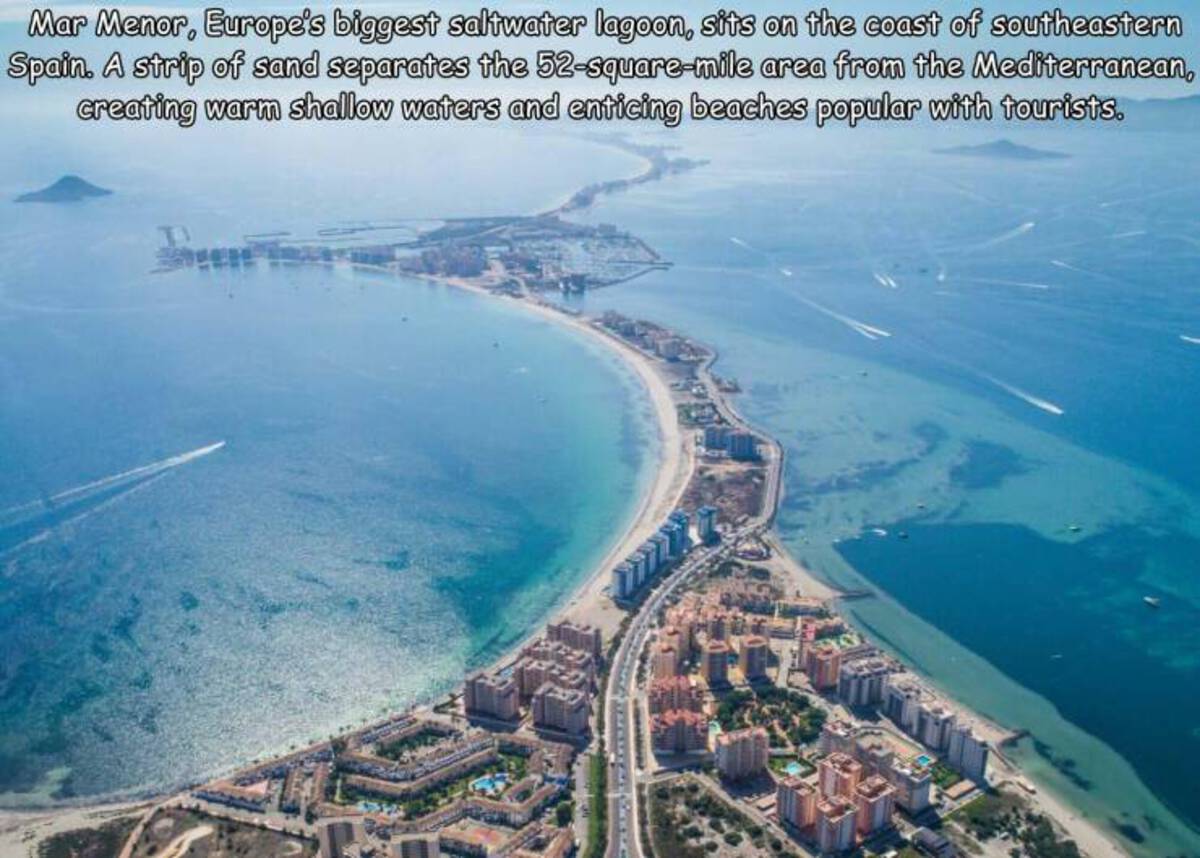 Mar Menor, Europe's biggest saltwater lagoon, sits on the coast of southeastern Spain. A strip of sand separates the 52squaremile area from the Mediterranean, creating warm shallow waters and enticing beaches popular with tourists.