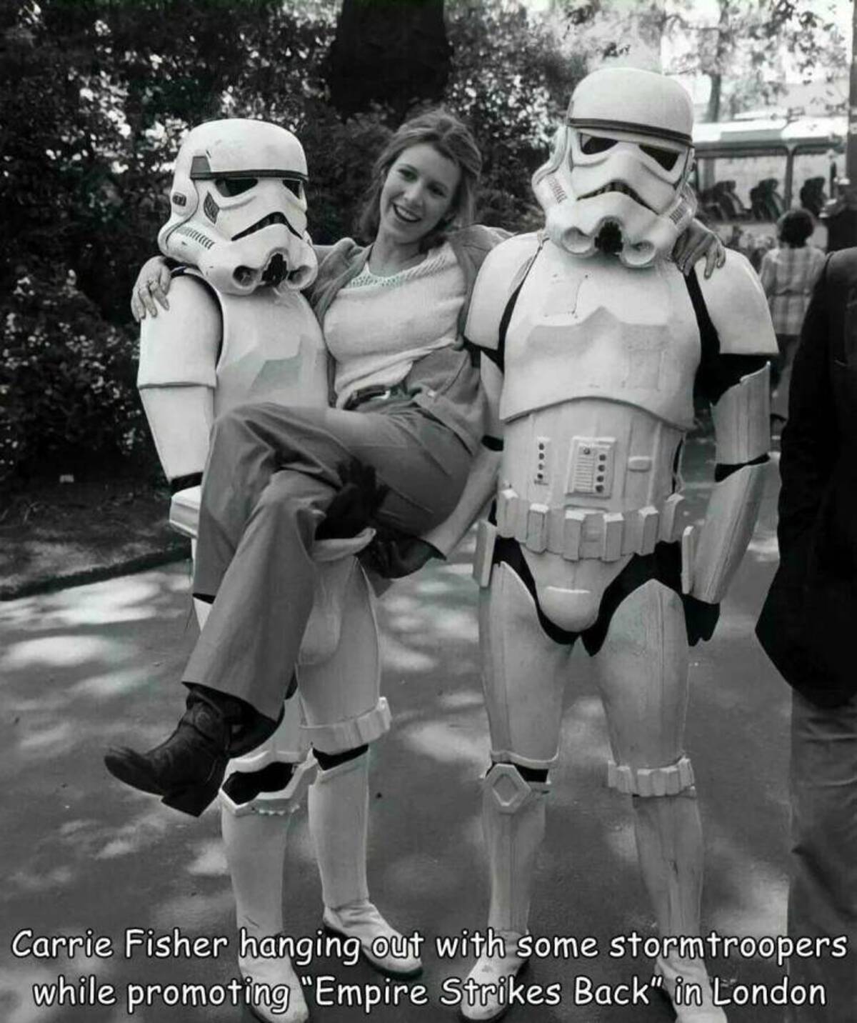 storm troopers cheering - Carrie Fisher hanging out with some stormtroopers while promoting "Empire Strikes Back" in London