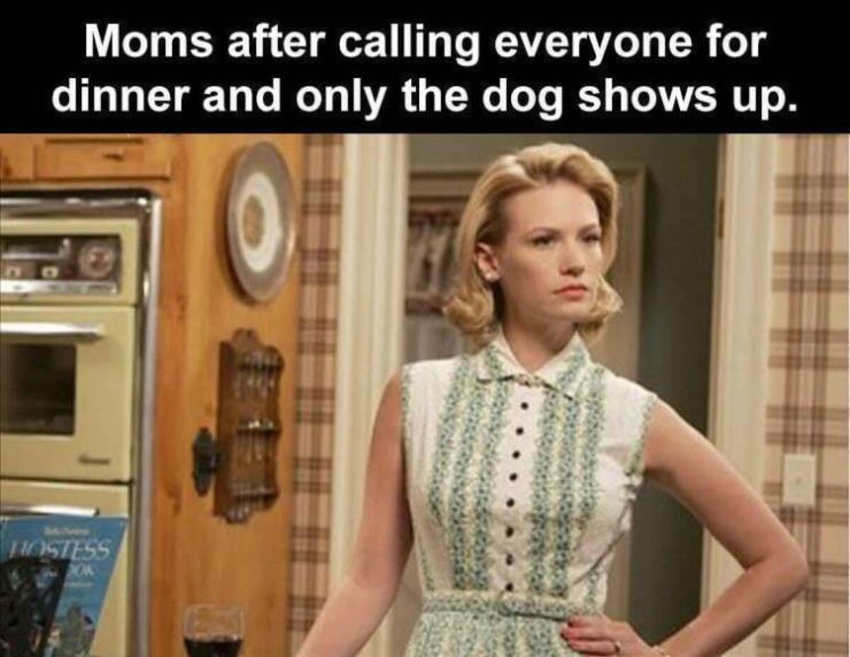 betty draper meme - Moms after calling everyone for dinner and only the dog shows up. Hostess Xok