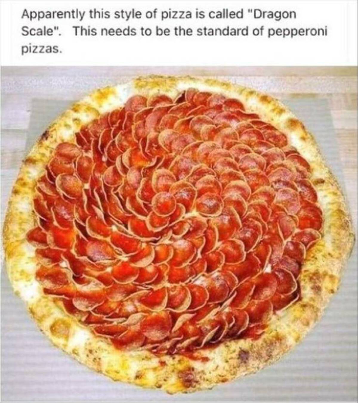 dragon scale pepperoni pizza - Apparently this style of pizza is called "Dragon Scale". This needs to be the standard of pepperoni pizzas.