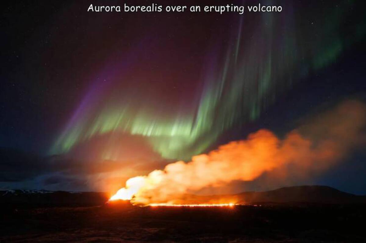 Volcano - Aurora borealis over an erupting volcano