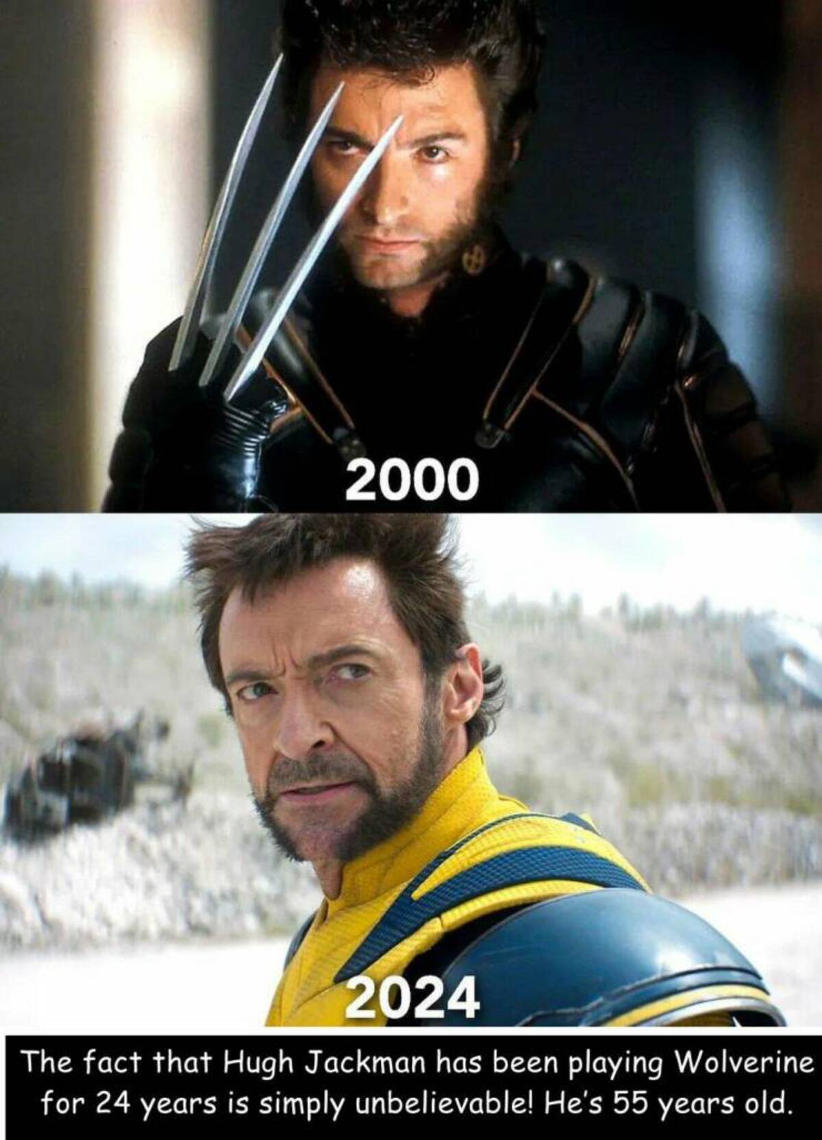 hugh jackman wolverine - 2000 2024 The fact that Hugh Jackman has been playing Wolverine for 24 years is simply unbelievable! He's 55 years old.