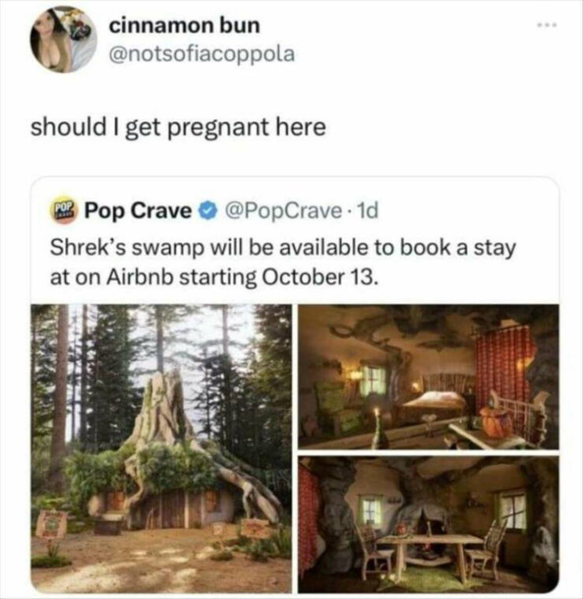 shrek's swamp airbnb - cinnamon bun should I get pregnant here Pop Pop Crave . 1d Shrek's swamp will be available to book a stay at on Airbnb starting October 13.