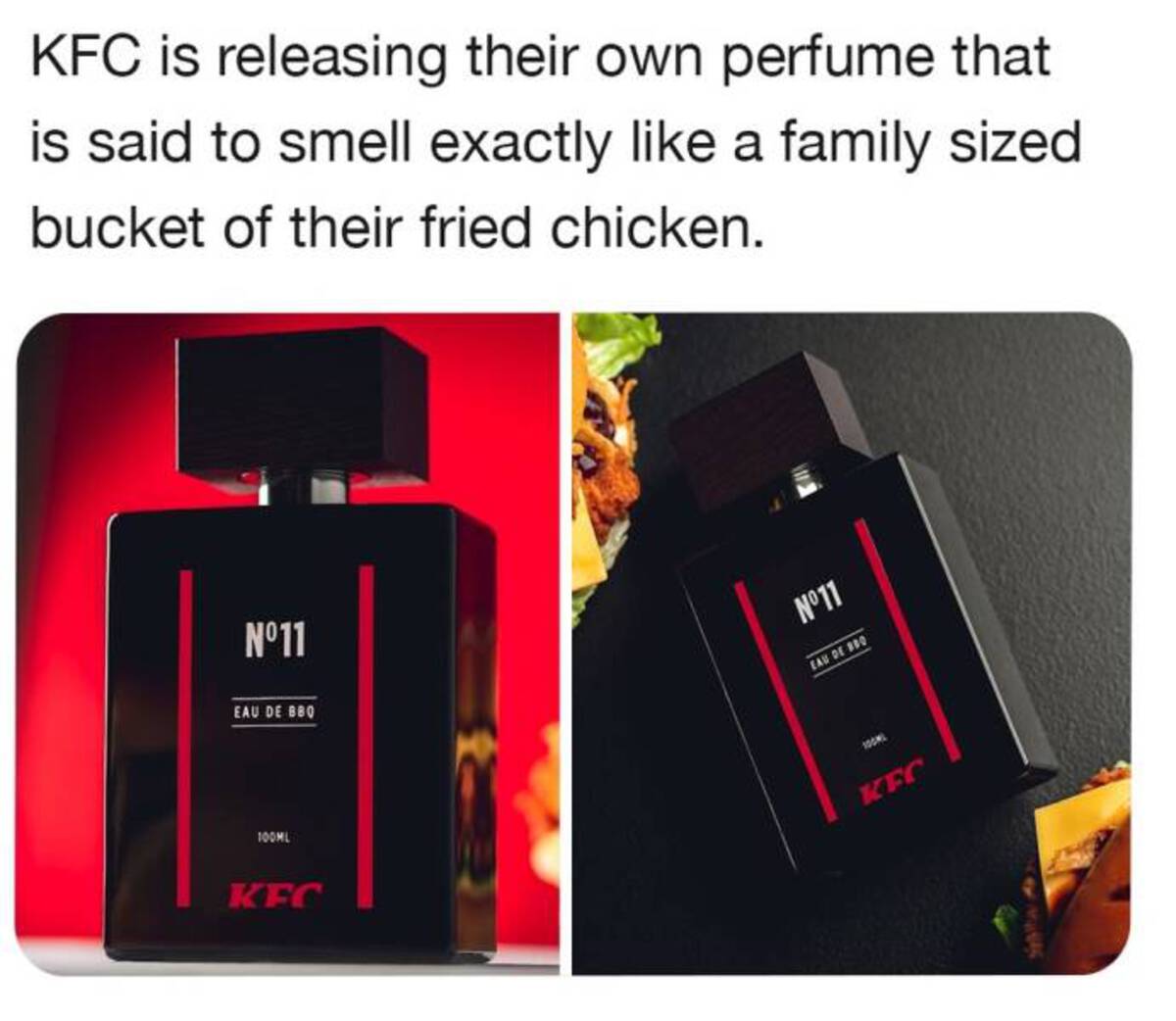 KFC - Kfc is releasing their own perfume that is said to smell exactly a family sized bucket of their fried chicken. N11 Eau De Bbq 100ML Kfc N11 Eau De BB0 100ML Kfc
