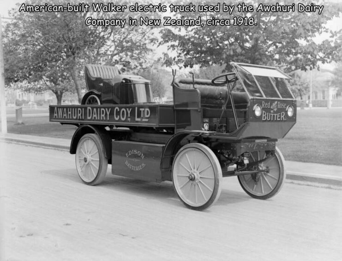 monochrome - Americanbuilt Walker electric truck used by the Awahuri Dairy Company in New Zealand, circa 1918. Awahuri Dairy Coy Ltd Red Rose Butter Edison