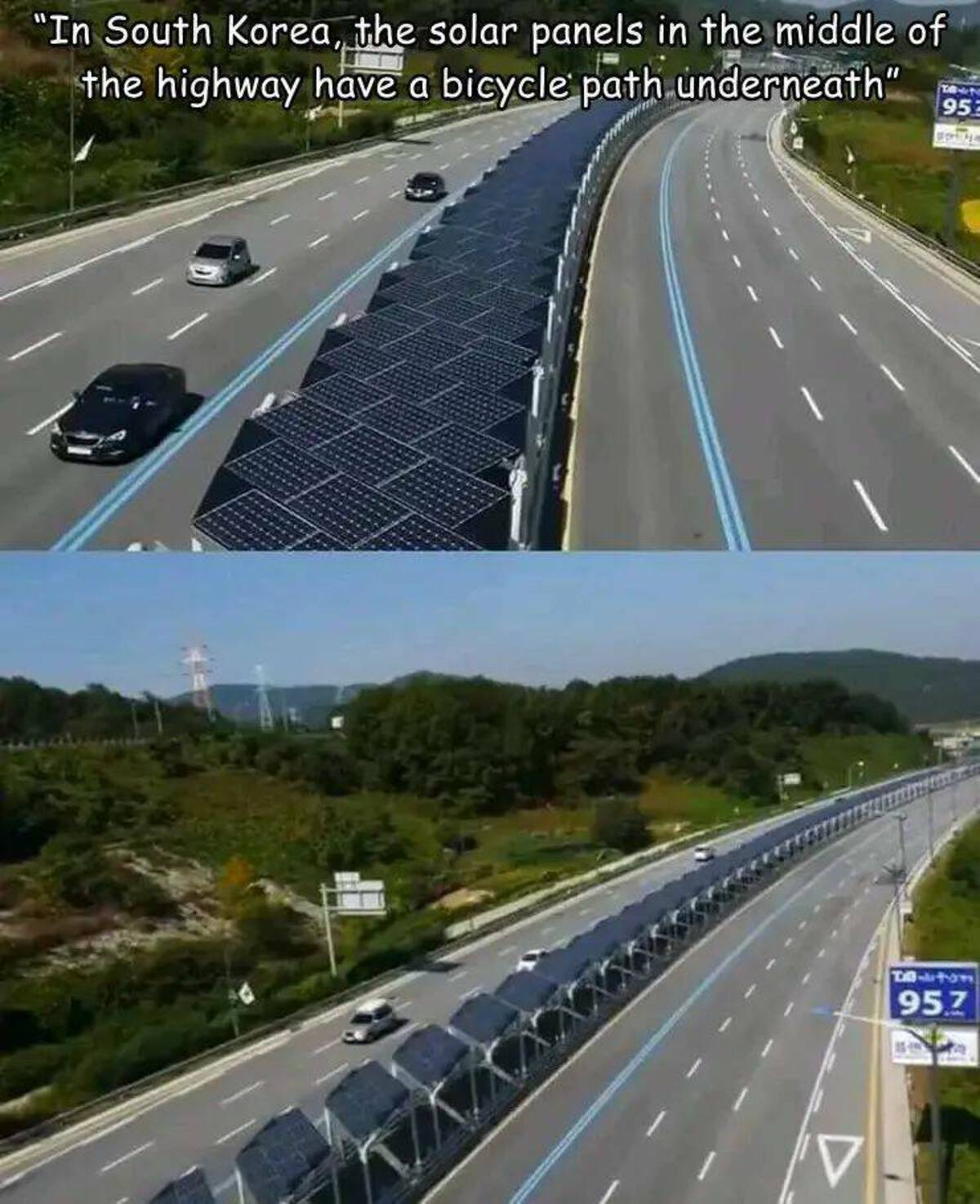 futuristic highway - "In South Korea, the solar panels in the middle of the highway have a bicycle path underneath" 953 Tom 95.7
