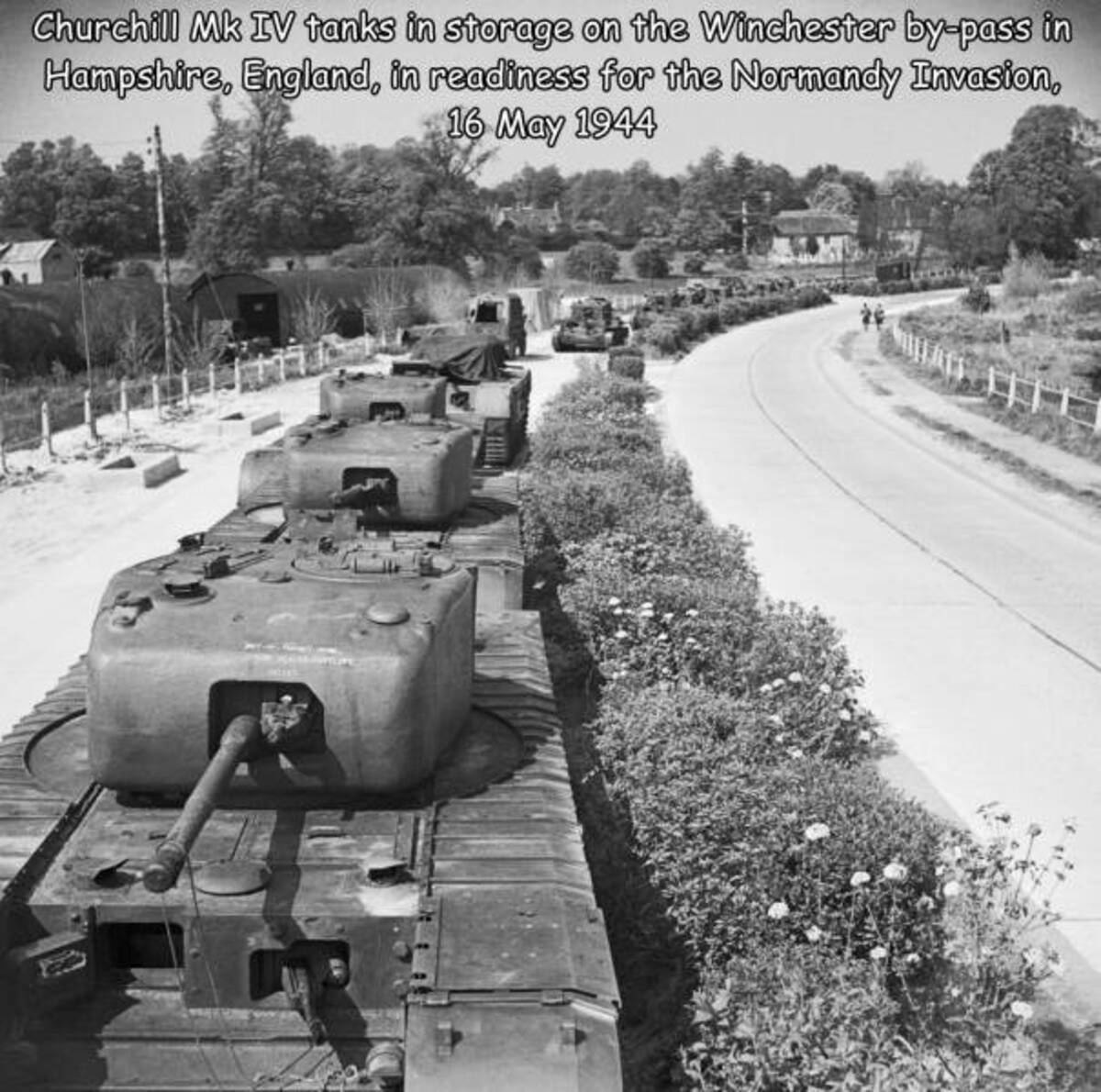 churchill mk iv 1944 - Churchill Mk Iv tanks in storage on the Winchester bypass in Hampshire, England, in readiness for the Normandy Invasion,