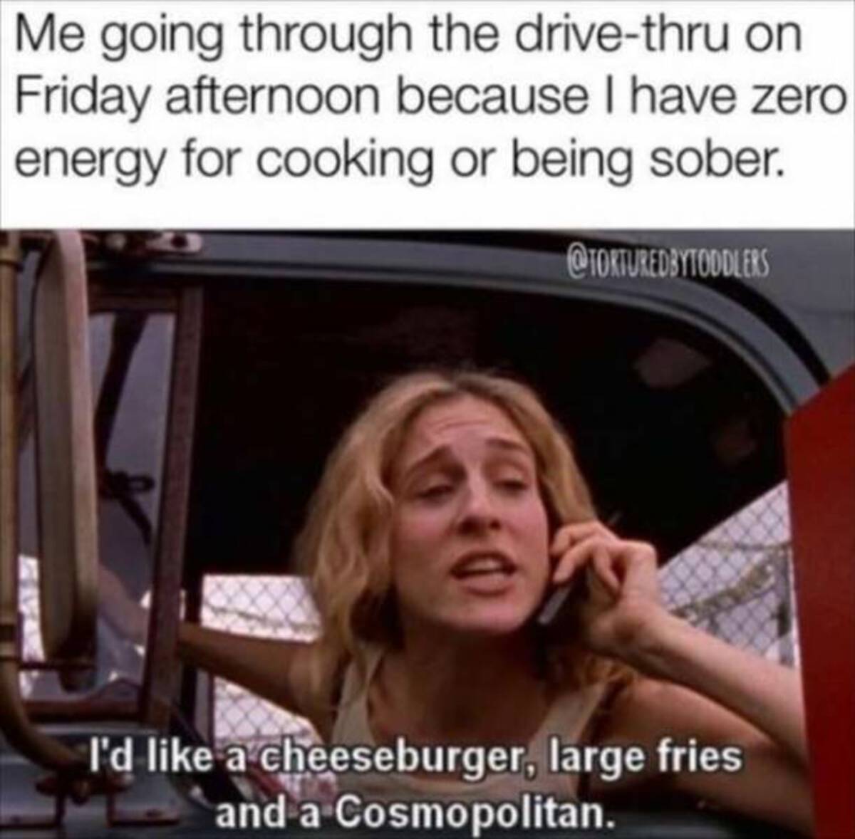 i d like a cheeseburger large fries - Me going through the drivethru on Friday afternoon because I have zero energy for cooking or being sober. I'd a cheeseburger, large fries and a Cosmopolitan.
