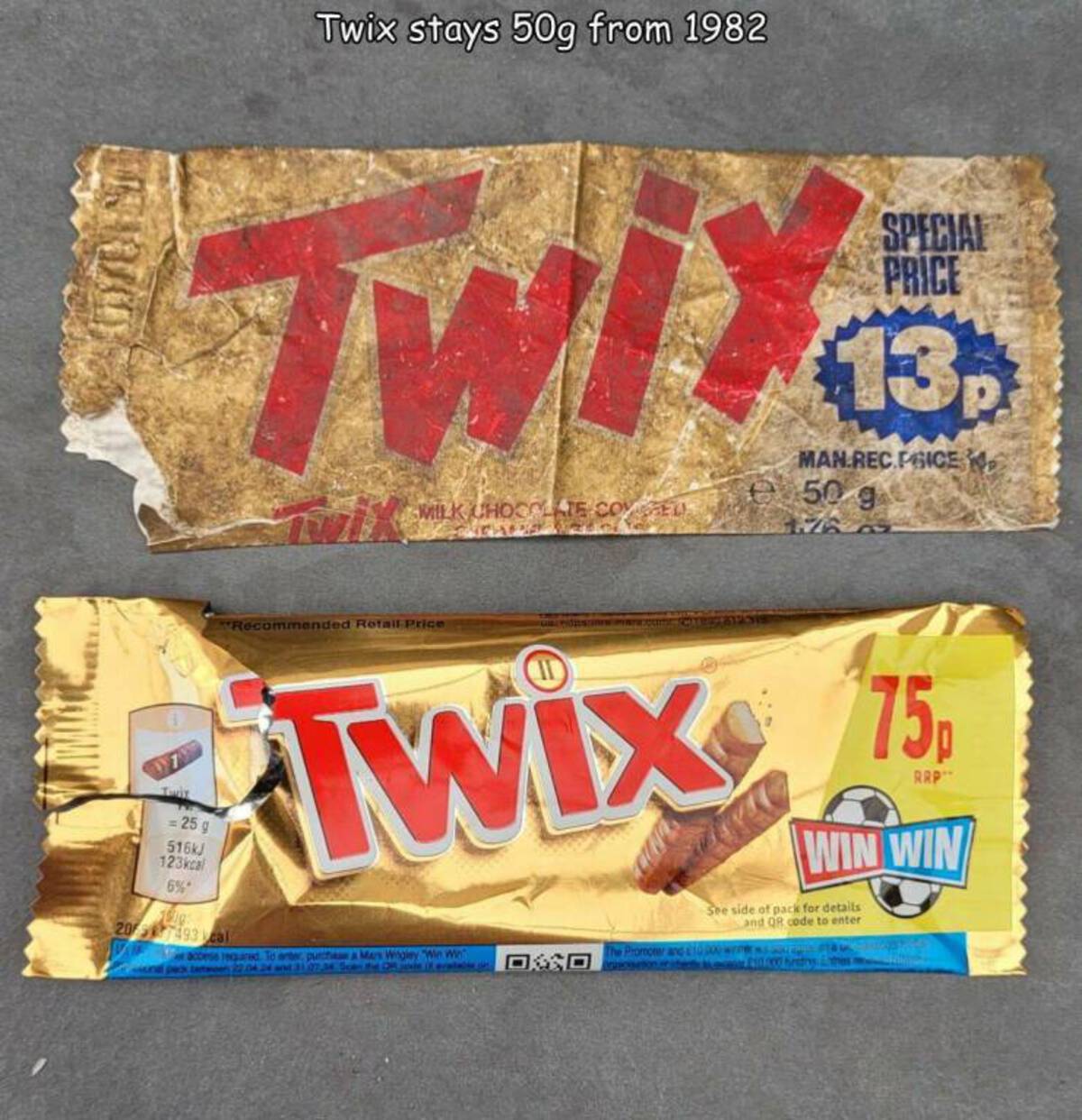 snack - Twix stays 50g from 1982 Twit Twit 25 g J cal 6% 1910 20 493 cal Milk Chocolate Comed Recommended Retail Price Special Price Man Rec Pgice 50 g 75 Twix 15 Rapt Win Win See side of pack for details access regard. To enter, puta Mars Wingley "Win Wi