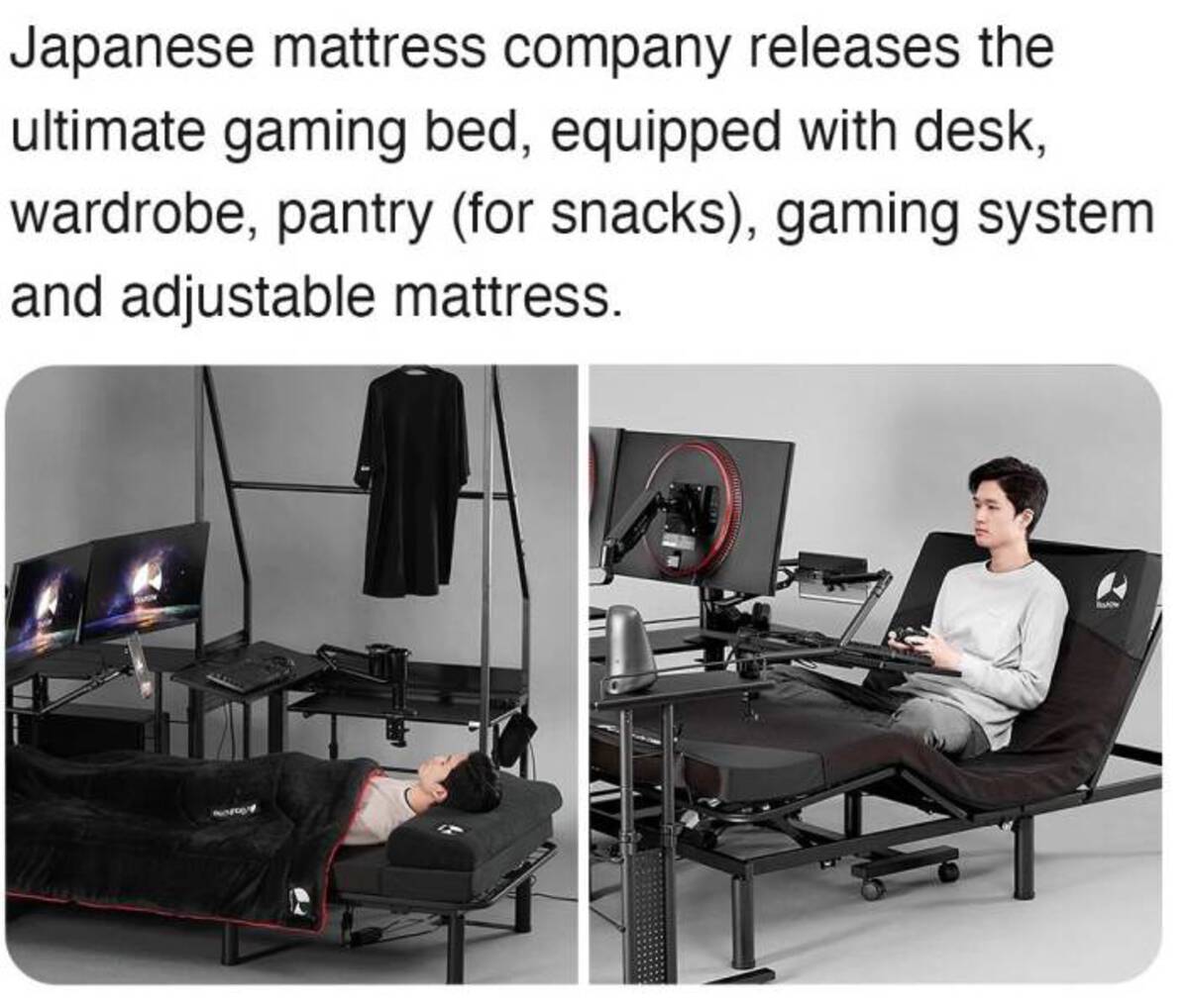 Furniture - Japanese mattress company releases the ultimate gaming bed, equipped with desk, wardrobe, pantry for snacks, gaming system and adjustable mattress.