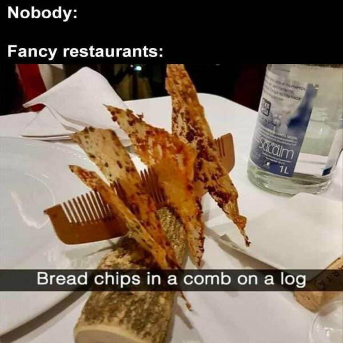 cursed food plating - Nobody Fancy restaurants Sacalm 1L Bread chips in a comb on a log 748