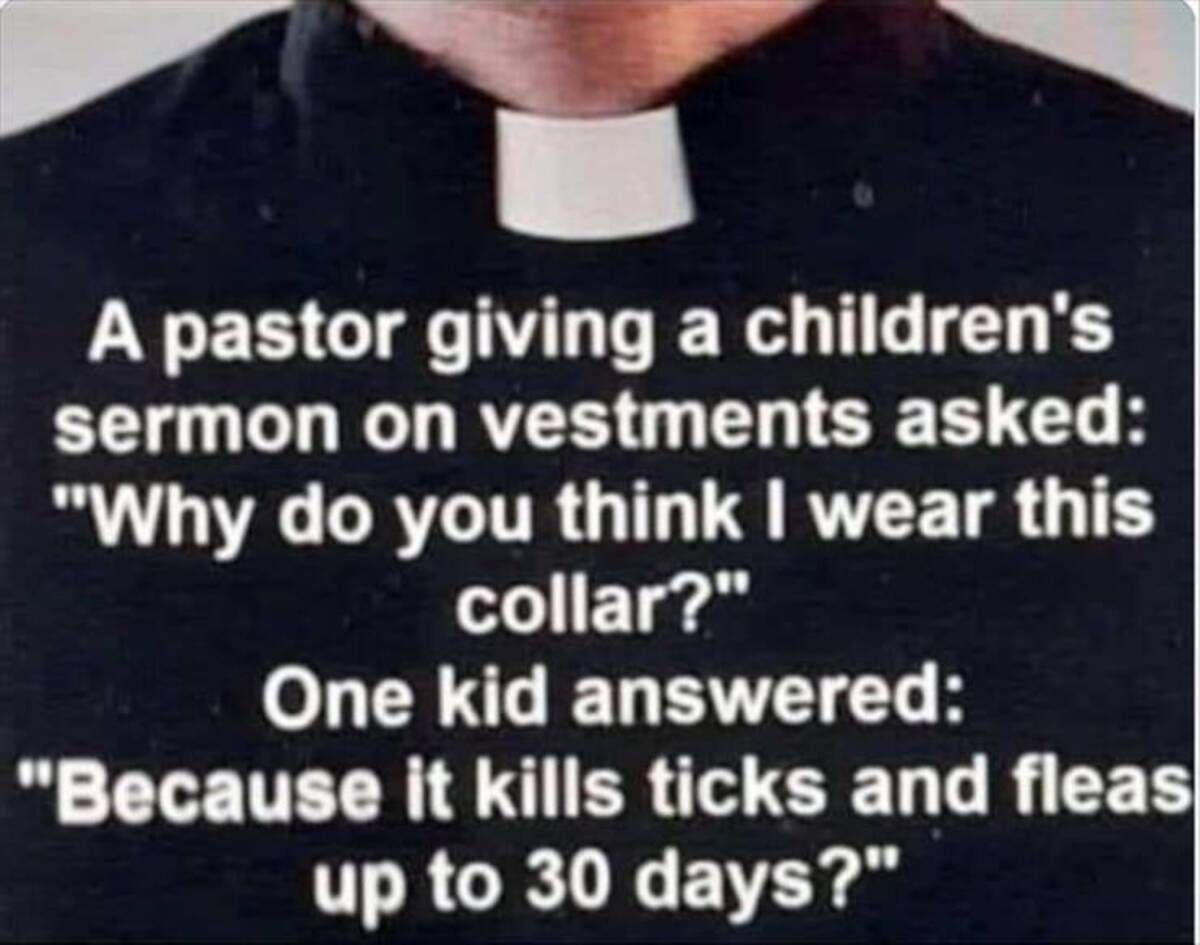 photo caption - A pastor giving a children's sermon on vestments asked "Why do you think I wear this collar?" One kid answered "Because it kills ticks and fleas up to 30 days?"