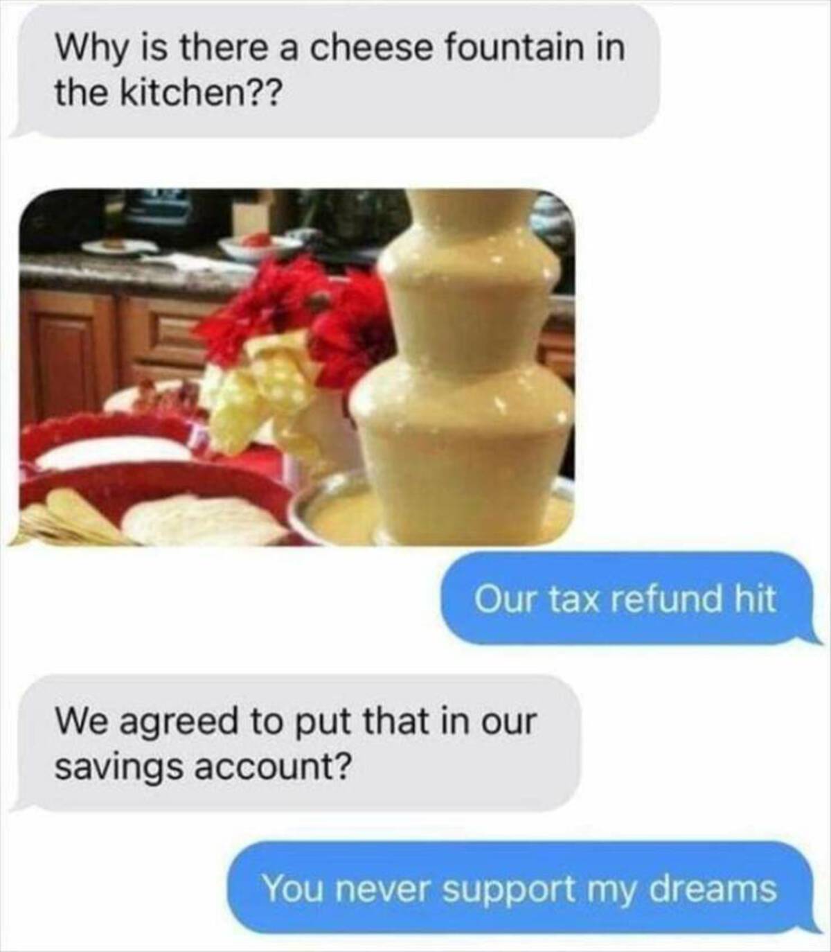 milk - Why is there a cheese fountain in the kitchen?? Our tax refund hit We agreed to put that in our savings account? You never support my dreams