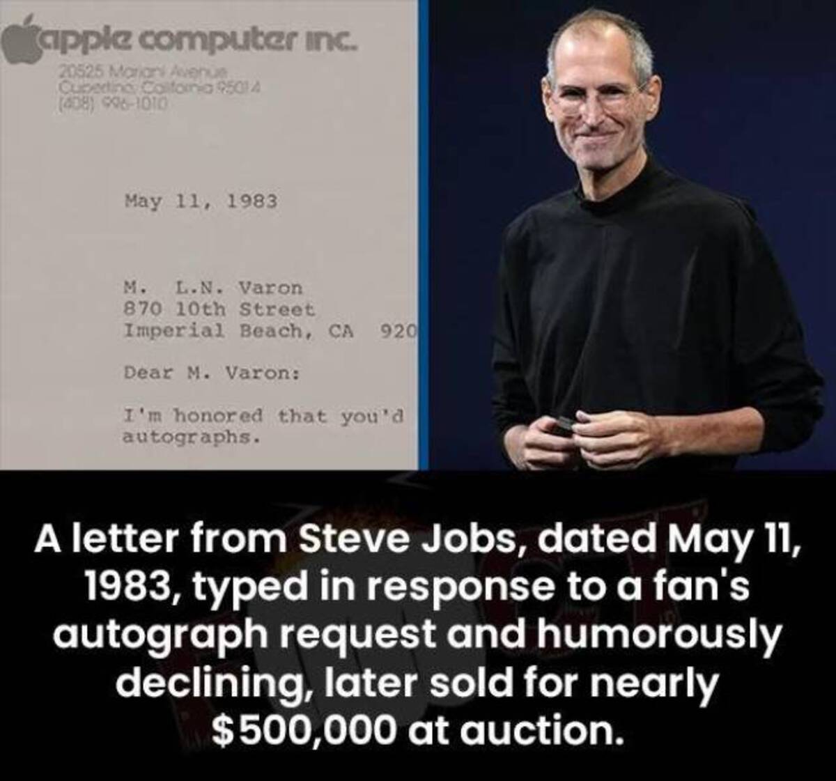 screenshot - apple computer inc. 20525 Mariani Avenue Cupertino, California 95014 408 996 M. L.N. Varon 870 10th Street Imperial Beach, Ca 920 Dear M. Varon I'm honored that you'd autographs. A letter from Steve Jobs, dated , typed in response to a fan's 
