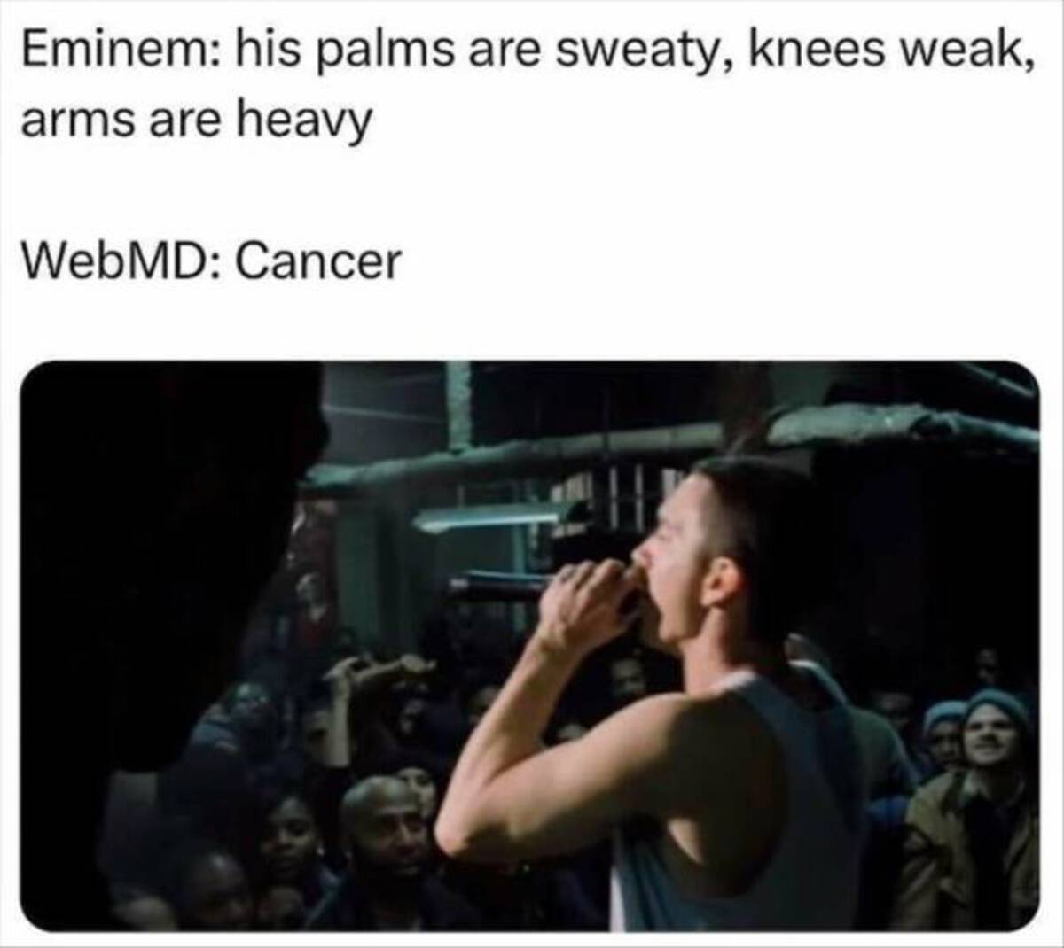 Internet meme - Eminem his palms are sweaty, knees weak, arms are heavy WebMD Cancer 29