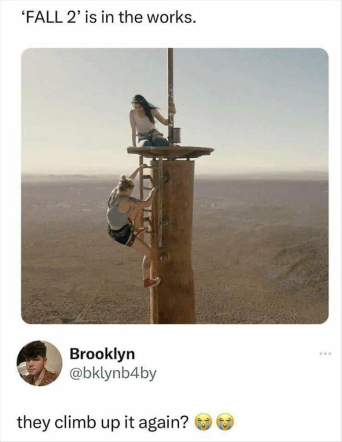fall movie behind the scenes - 'Fall 2' is in the works. Brooklyn they climb up it again?
