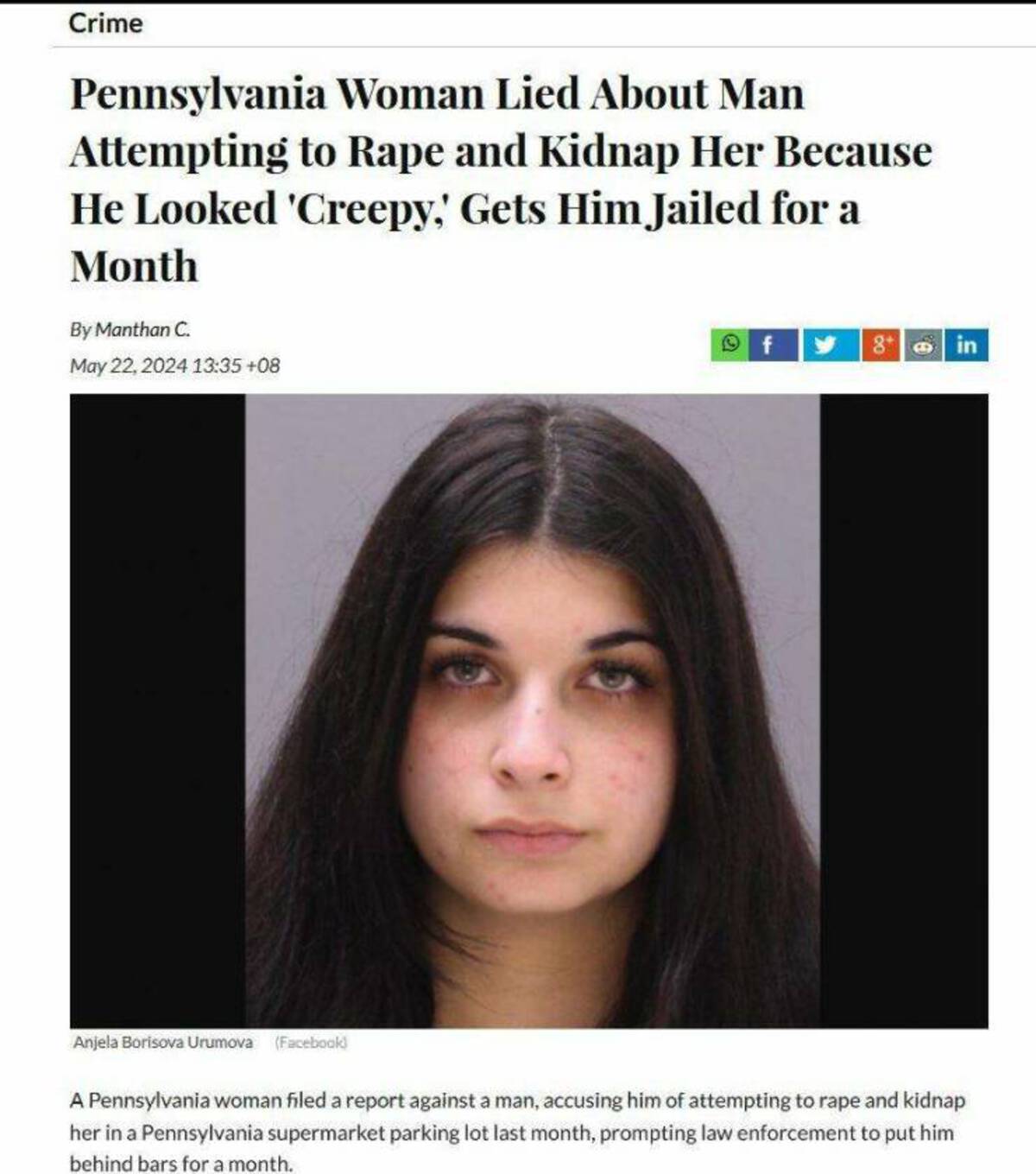 screenshot - Crime Pennsylvania Woman Lied About Man Attempting to Rape and Kidnap Her Because He Looked 'Creepy,' Gets Him Jailed for a Month By Manthan C. 08 f 8 in Anjela Borisova Urumova Facebook A Pennsylvania woman filed a report against a man, accu