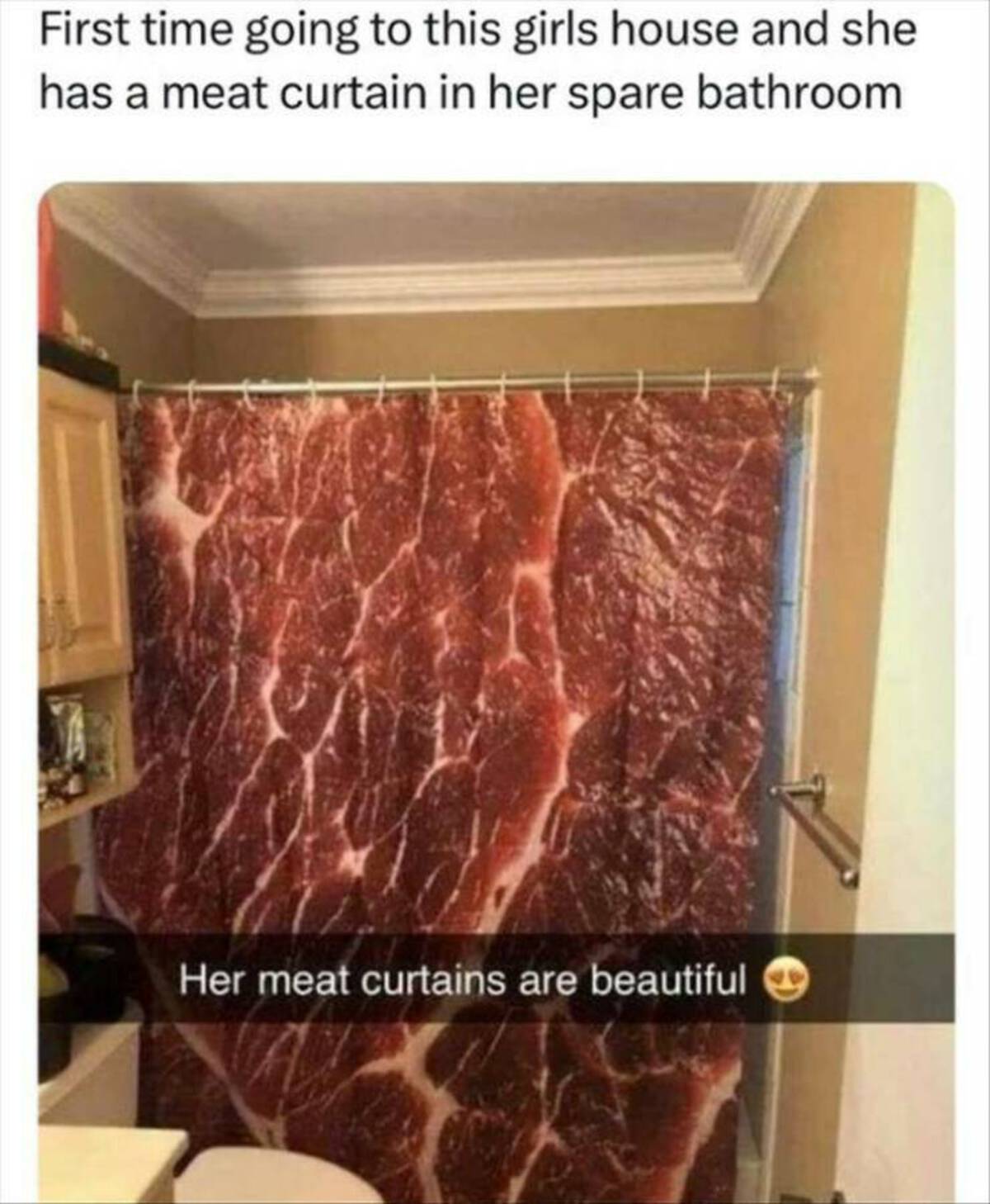meat curtains - First time going to this girls house and she has a meat curtain in her spare bathroom Her meat curtains are beautiful