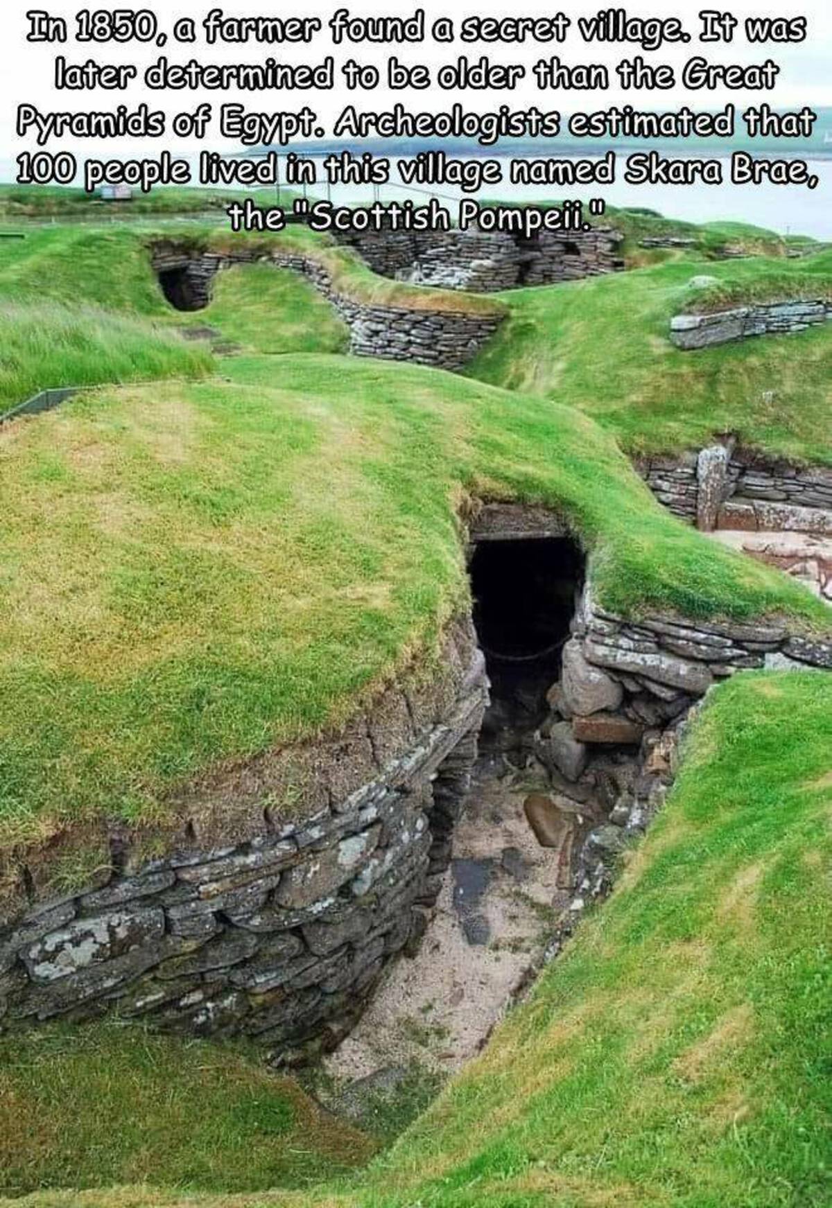 grass - In 1850, a farmer found a secret village. It was later determined to be older than the Great Pyramids of Egypt. Archeologists estimated that 100 people lived in this village named Skara Brae, the "Scottish Pompeii.