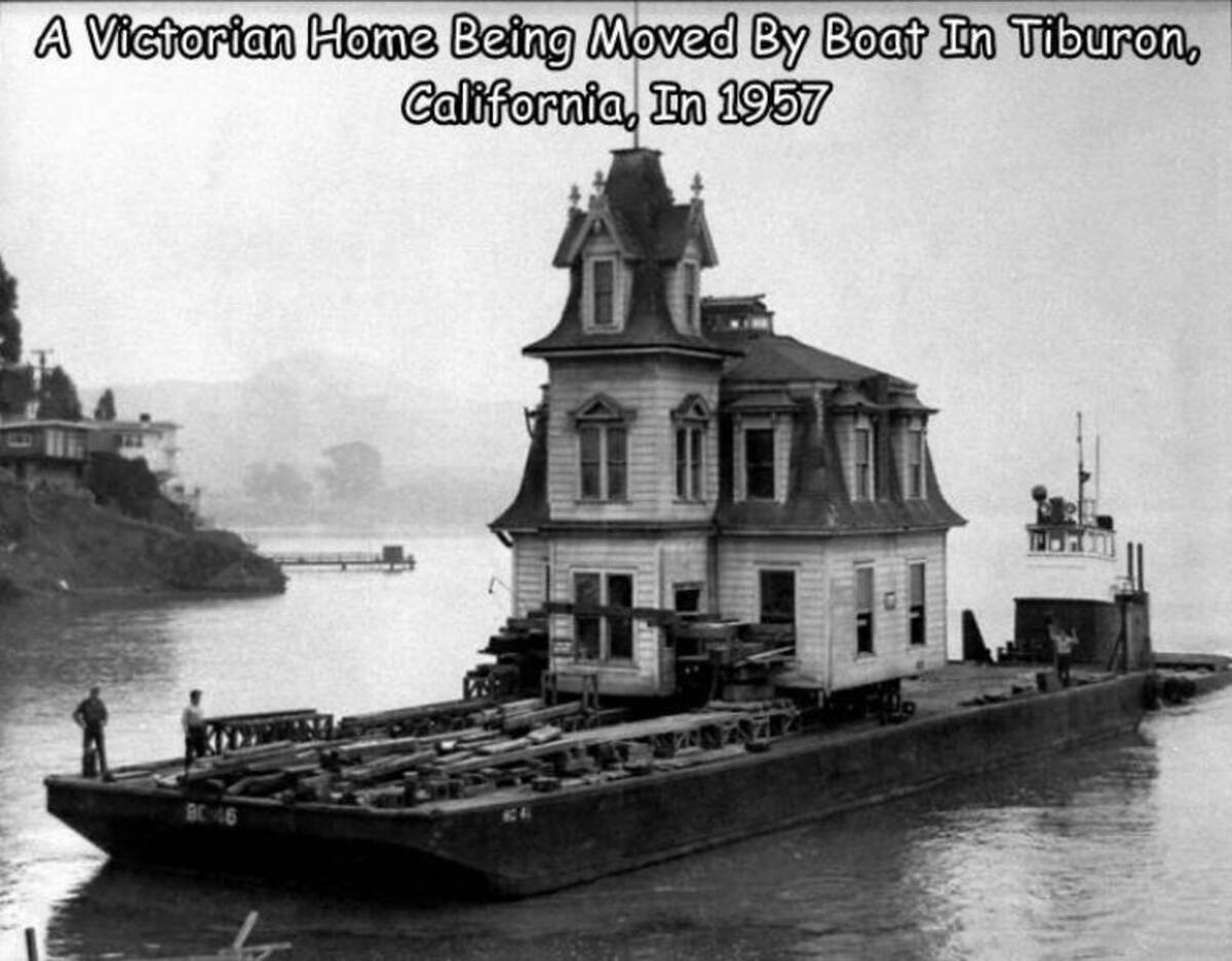 house moved by boat - A Victorian Home Being Moved By Boat In Tiburon, California, In 1957