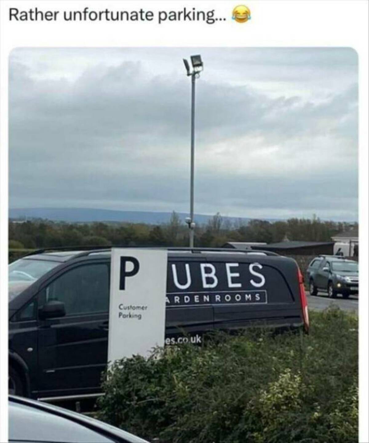 banner - Rather unfortunate parking... Pubes Customer Parking Ardenrooms es.co.uk