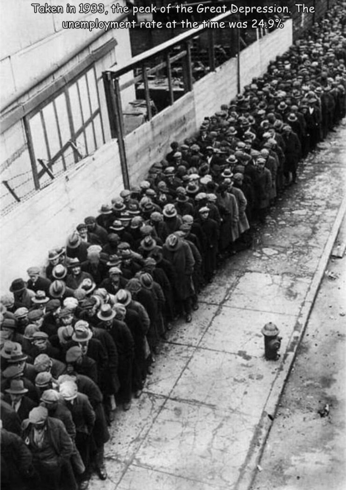 great depression people waiting in line - Taken in 1933, the peak of the Great Depression. The unemployment rate at the time was 24.9%